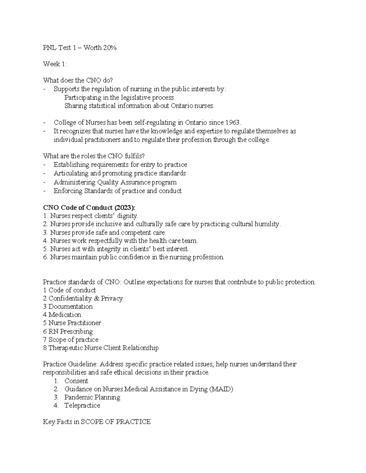 PNL110 Test 1 Study Notes: CNO Roles & Nursing Standards - Studocu
