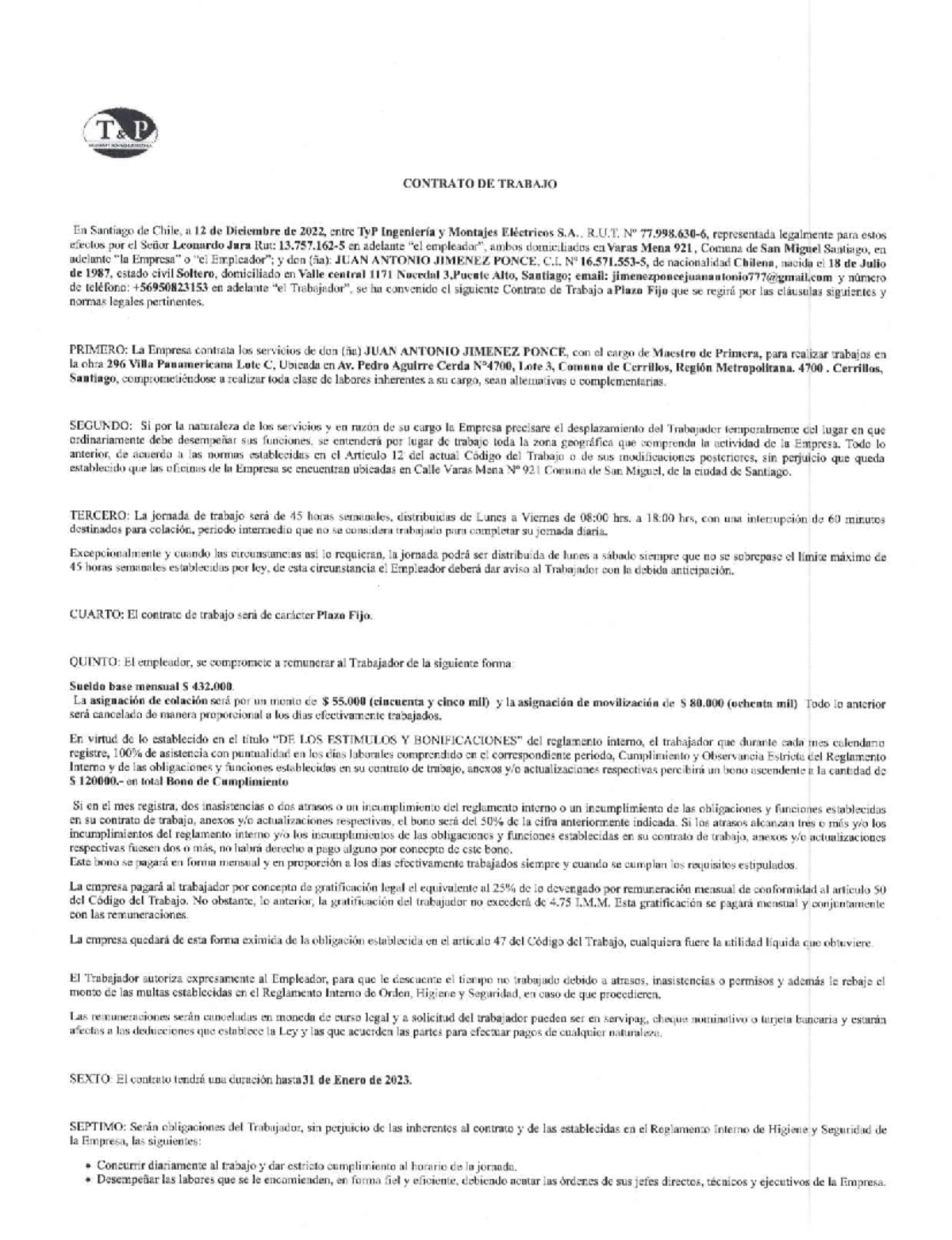 Contrato Juan Jimenez - ..bbbbbbbbbbbbbbbbbbb - CONTRATO DE TRABAJO En ...