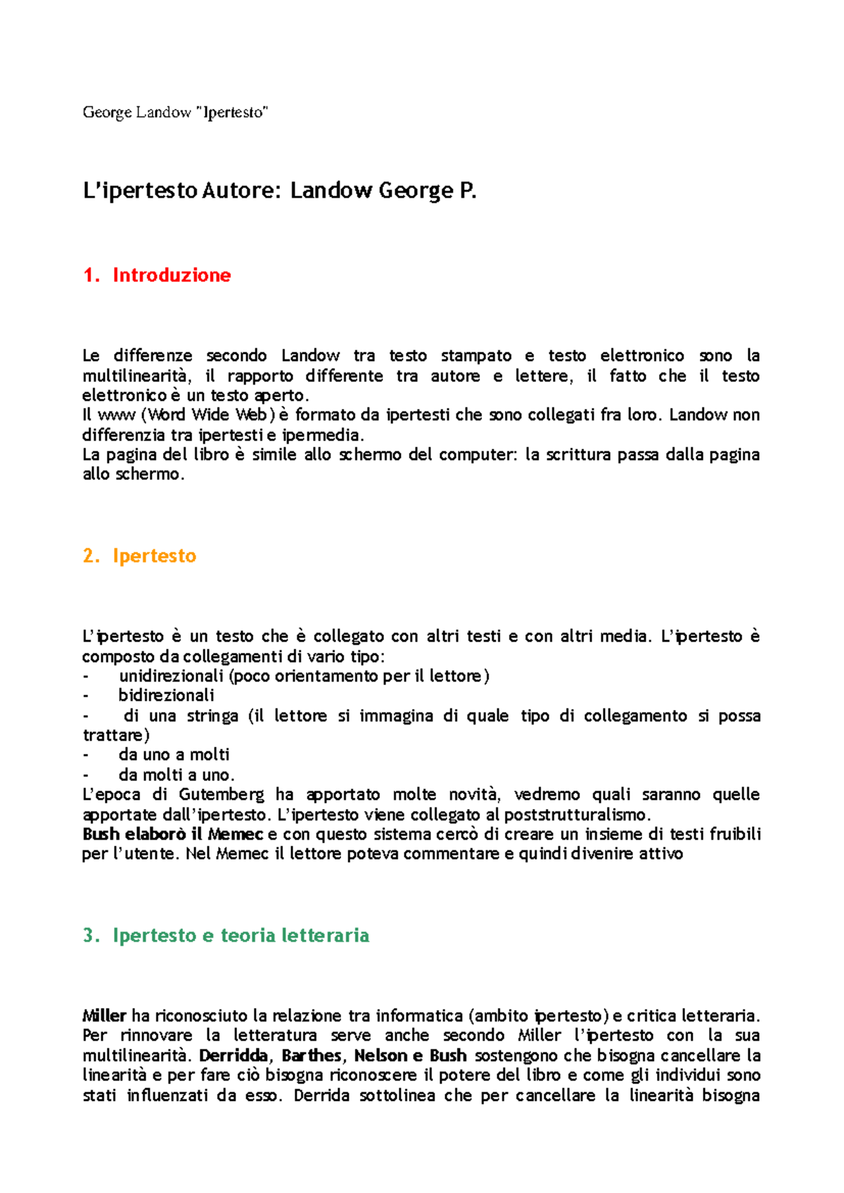 Riassunto Landow Ipertesto-convertito - George Landow 