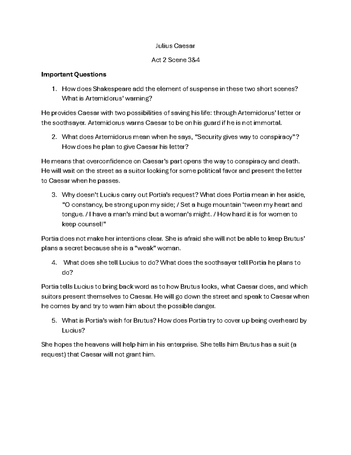 Julius Caesar Act 2 Scenes 3-4: Key Questions & Analysis - Studocu