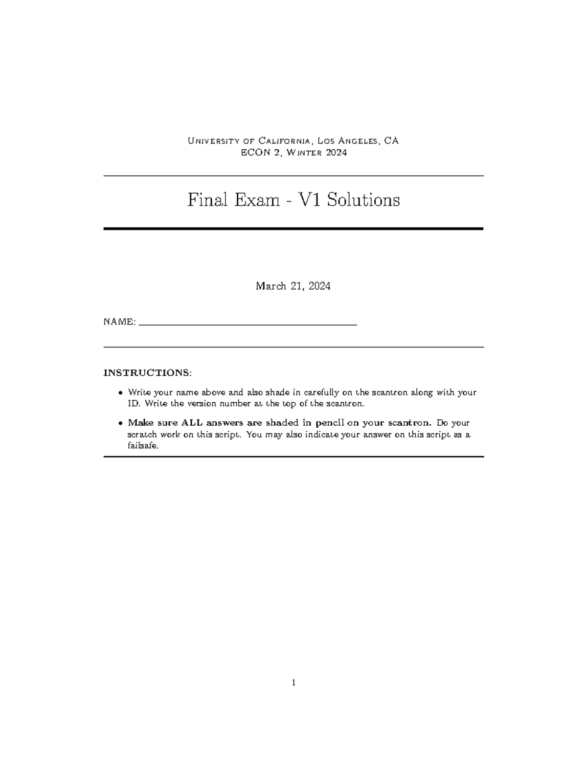 ECON 2 Final Exam Winter 24 V1 Solutions 328 - University of California ...