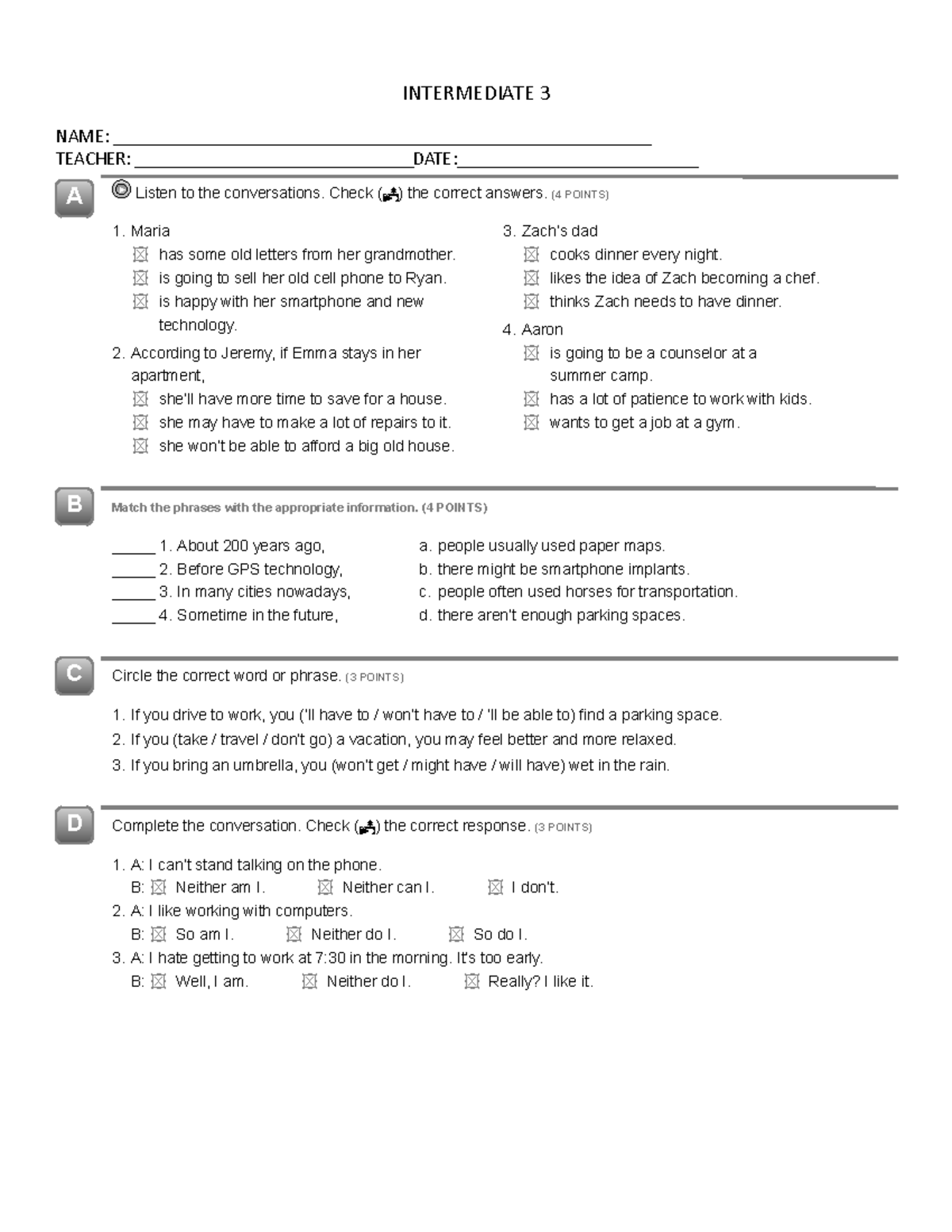 Intermediate 3 Online Classes: Units 9-12 Activities and Exercises ...