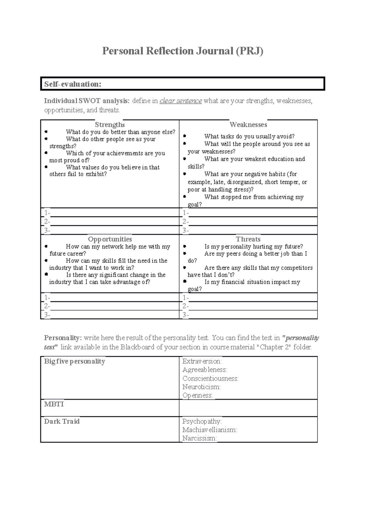 Personal Reflection Journal (PRJ): Self-Evaluation & SWOT Analysis ...