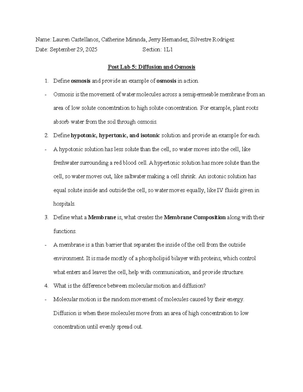 Post Lab 5: Diffusion and Osmosis - 1L1 - Studocu