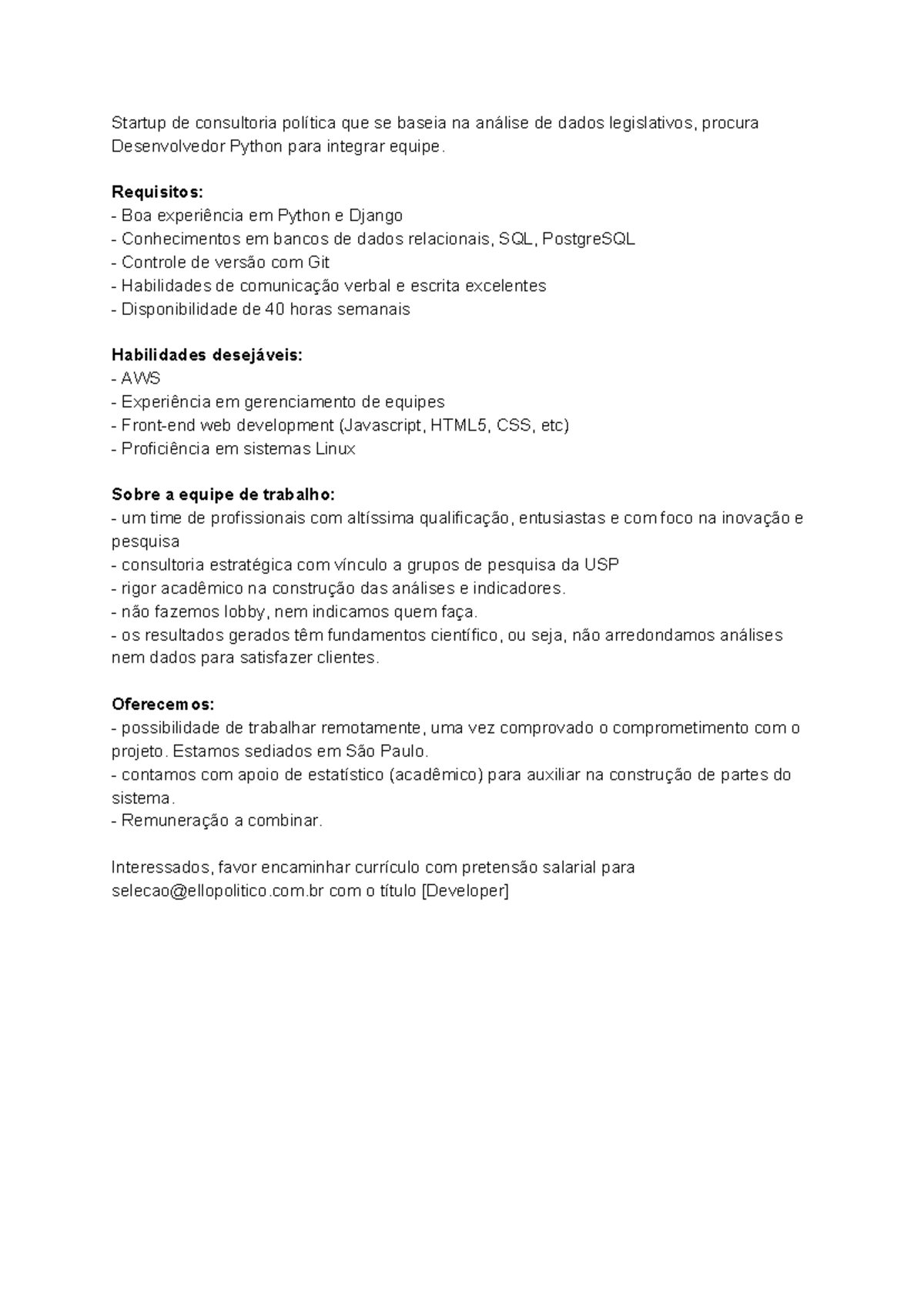 Oportunidade: Desenvolvedor Python para Consultoria Política - SP - Studocu