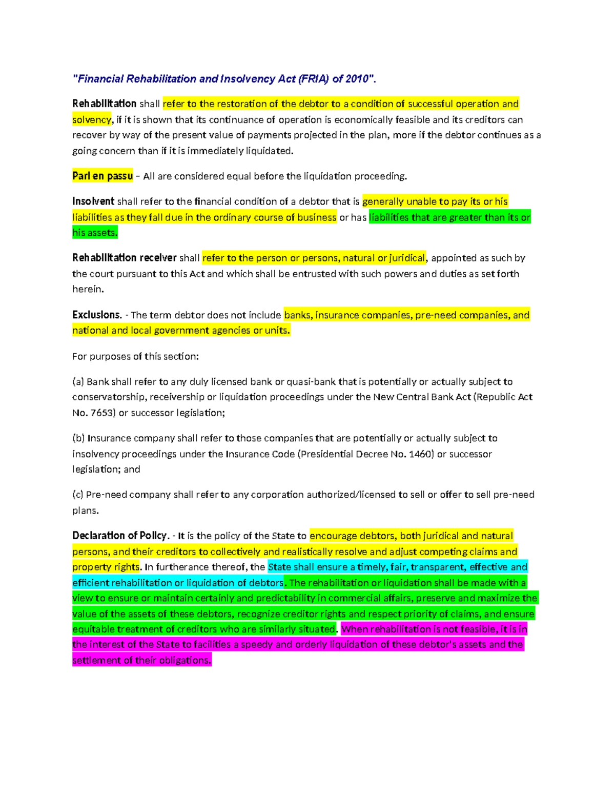 FRIA-Notes: Key Concepts of the Rehabilitation and Insolvency Act - Studocu