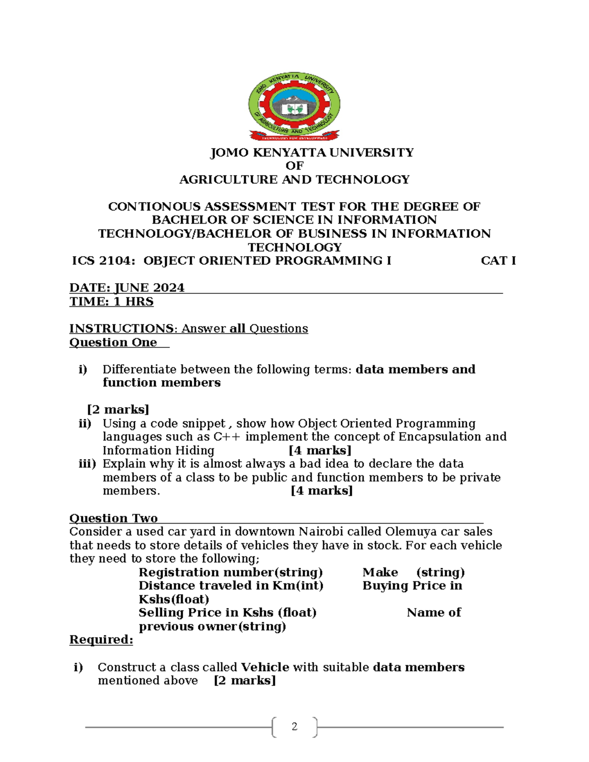 ICS 2104 OOP CAT I - Object Oriented Programming assessment test - 2 ...