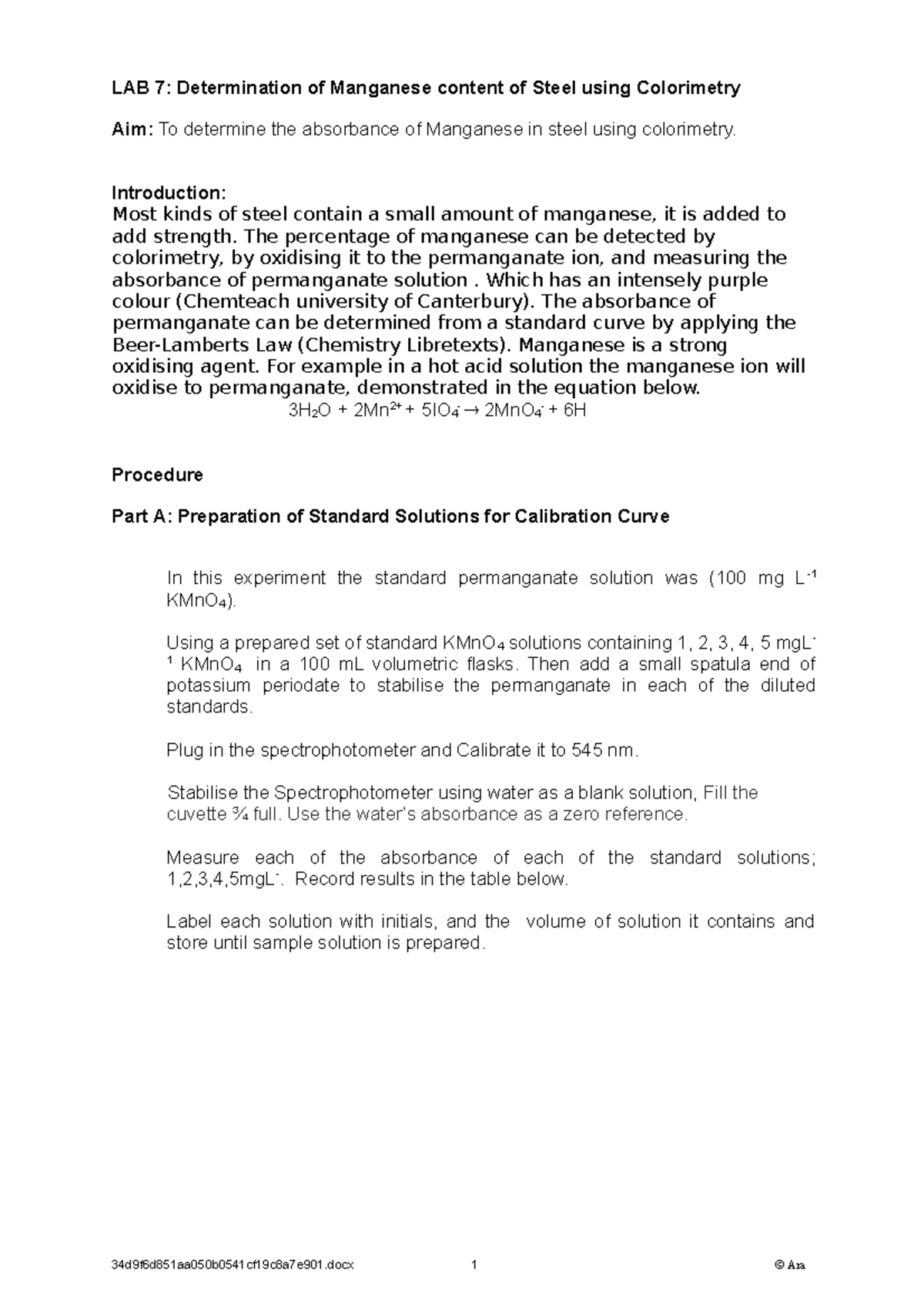 Lab Report - Colorimetry for Manganese Content in Steel (LAB 7) - Studocu