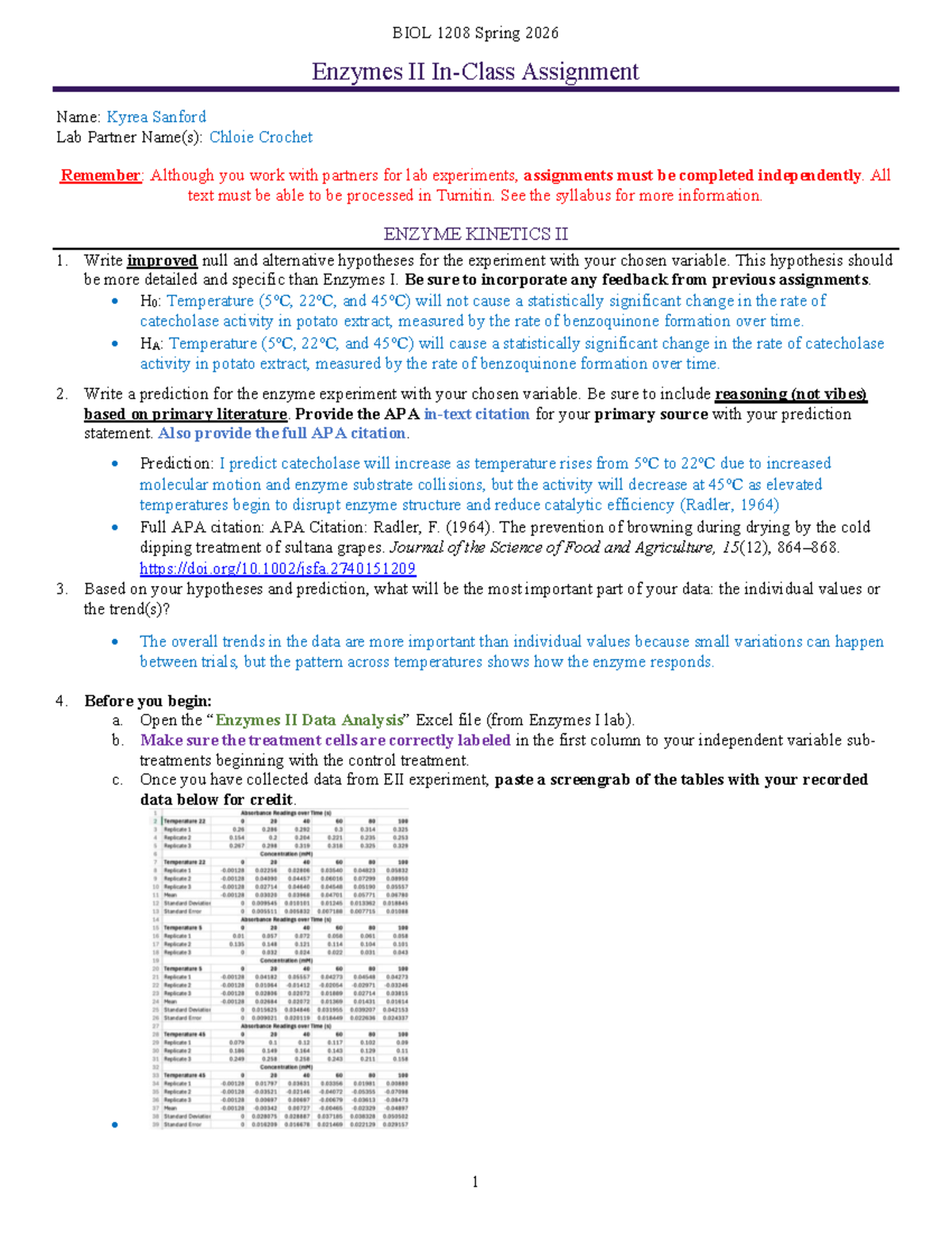 BIOL 1208 Spring 2026 Enzymes II Lab Assignment by Kyrea Sanford - Studocu