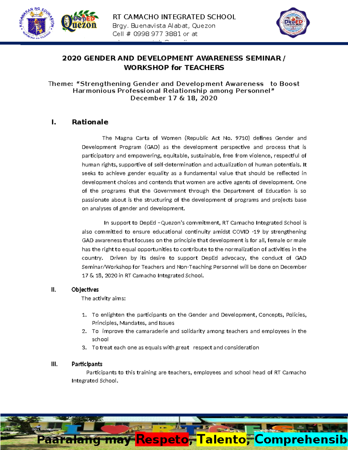 2020 GAD Training Design - Brgy. Buenavista Alabat, Quezon Cell # 0998 ...