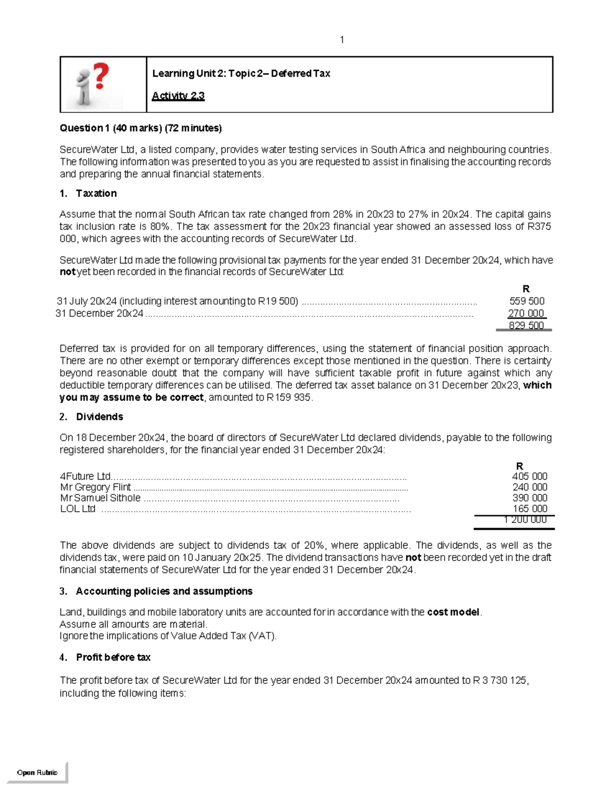 2.3 Integrated Questions: Income Tax Analysis for SecureWater Ltd - Studocu