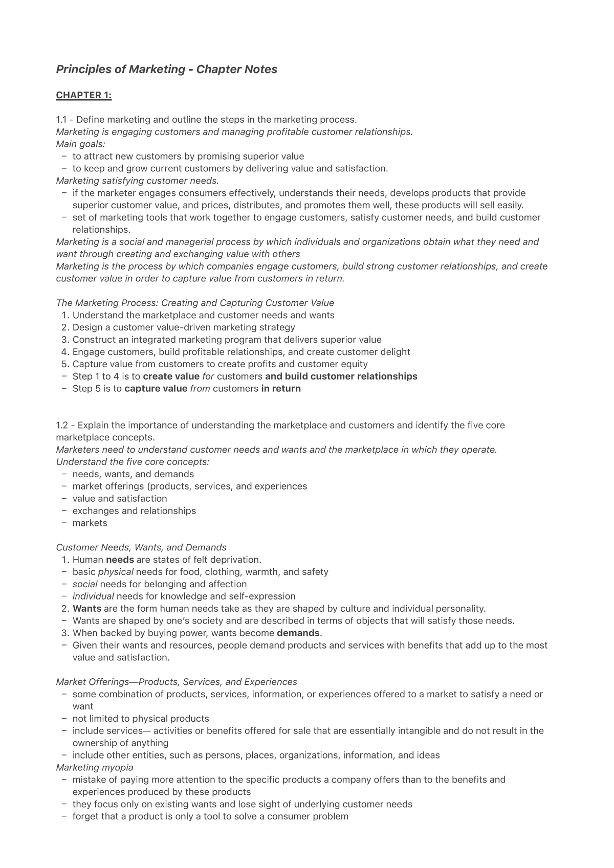 Principles of Marketing Chapter Notes - 1. 2. 3. 4. 5. – – – – – – 1 ...