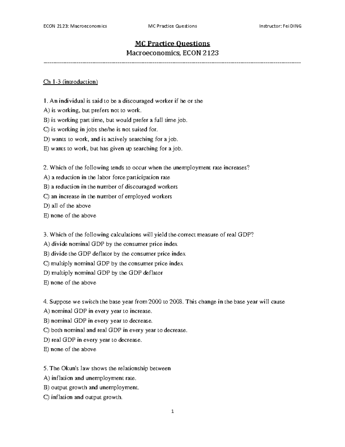 ECON 2123 Midterm MC Practice Questions and Answers - Studocu