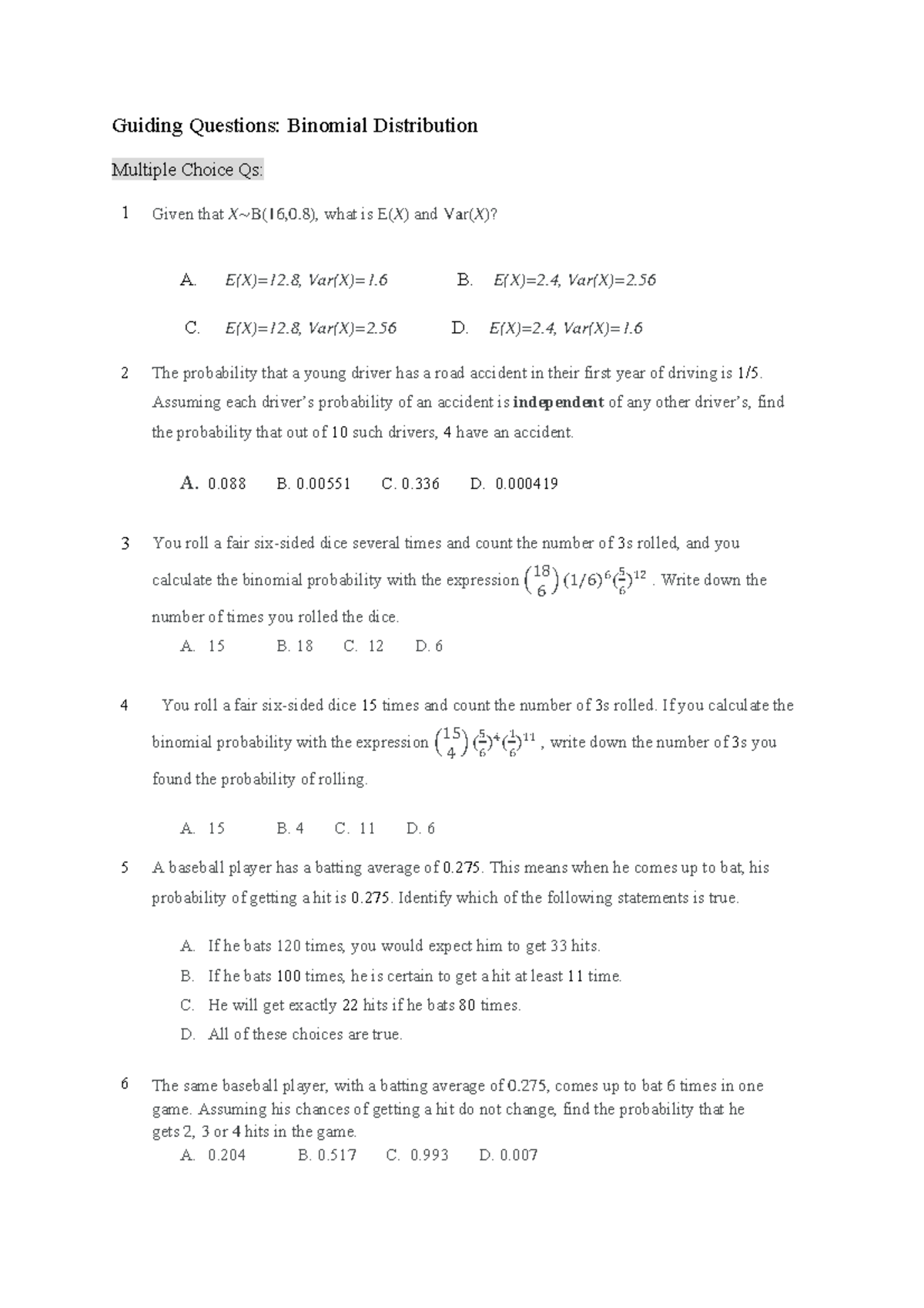 Binomial Distribution - Quiz Notes (Course Code: Pre) - Studocu
