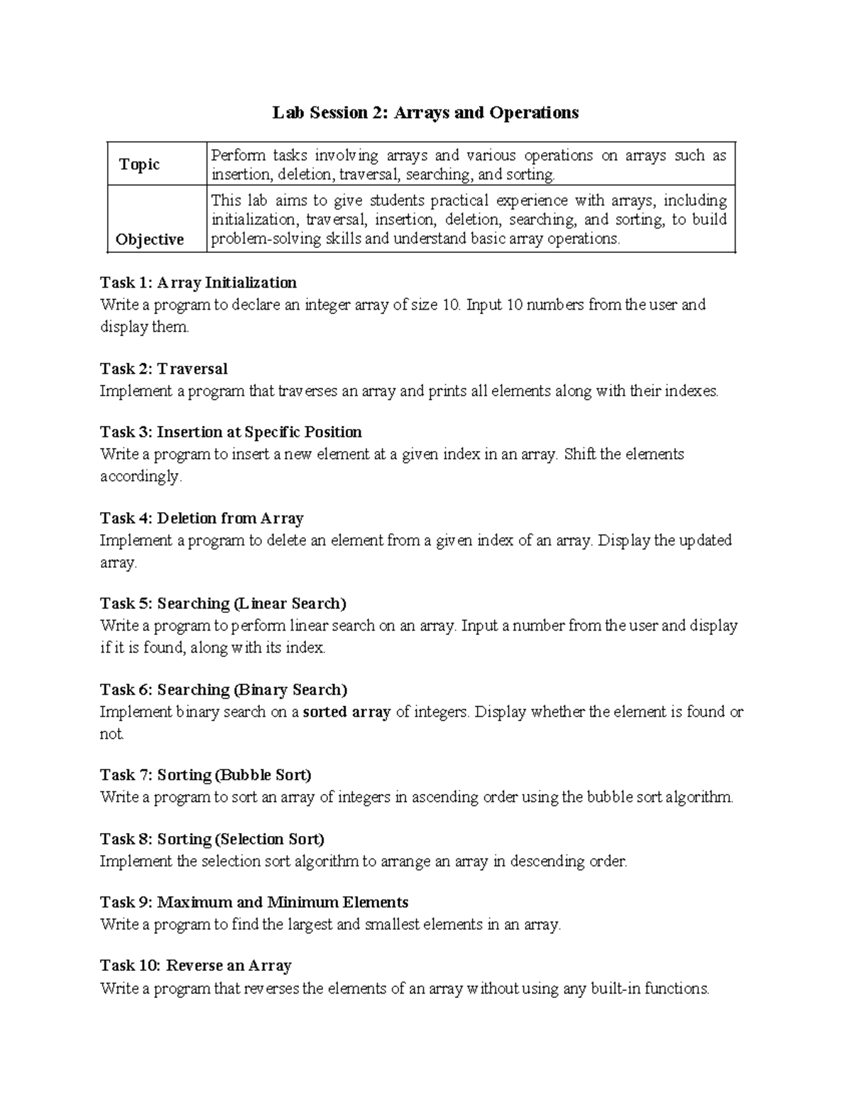 Lab 2: Arrays & Operations - Practical Tasks & Exercises - Studocu
