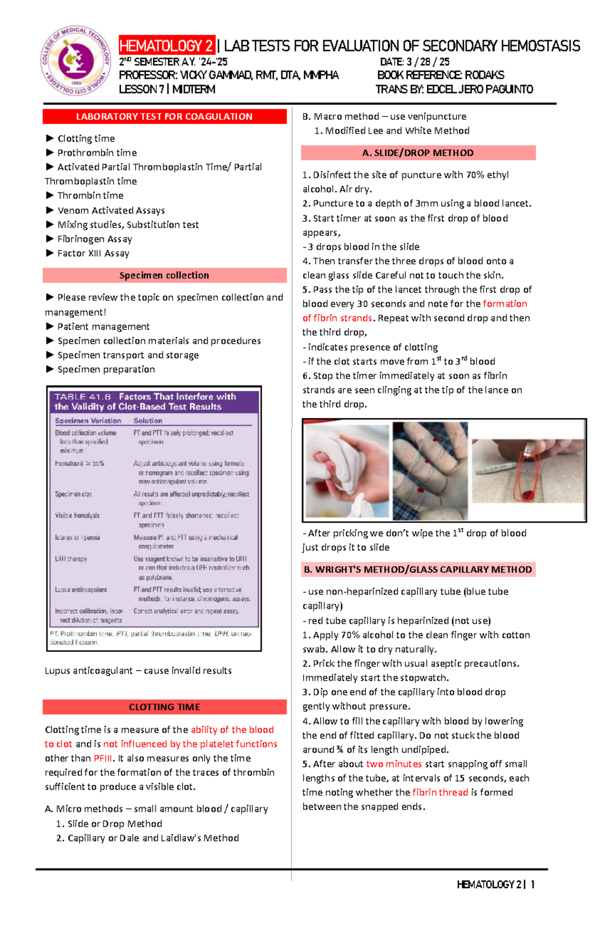 Hematology 2: Lesson 7 - Lab Evaluation of Secondary Hemostasis - Studocu