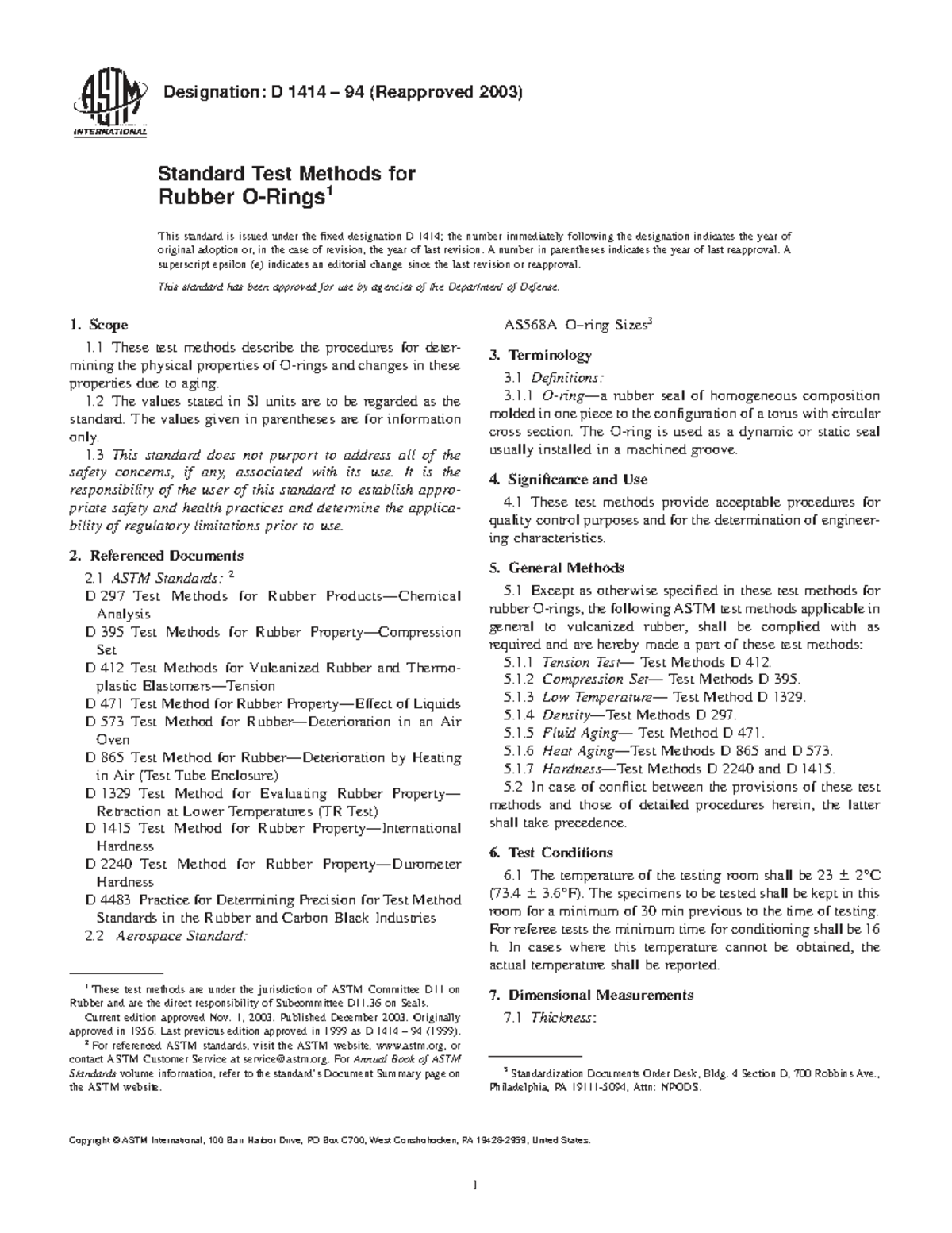 ASTM D1414-94 (2003) Standard Test Methods for Rubber Properties - Studocu