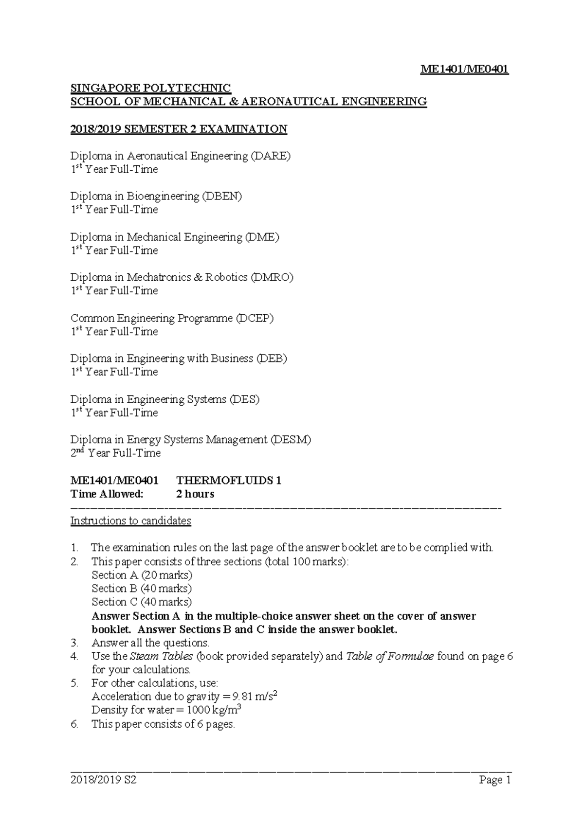 S2 Thermofluids Final Exam - DARE, DBEN, DME, DMRO, DCEP, DEB, DES ...