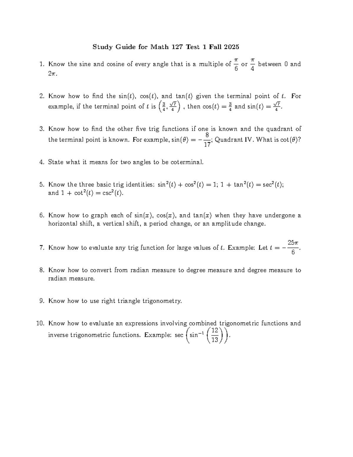 Math 127 Test 1 Study Guide - Fall 2025 Trigonometry Essentials - Studocu