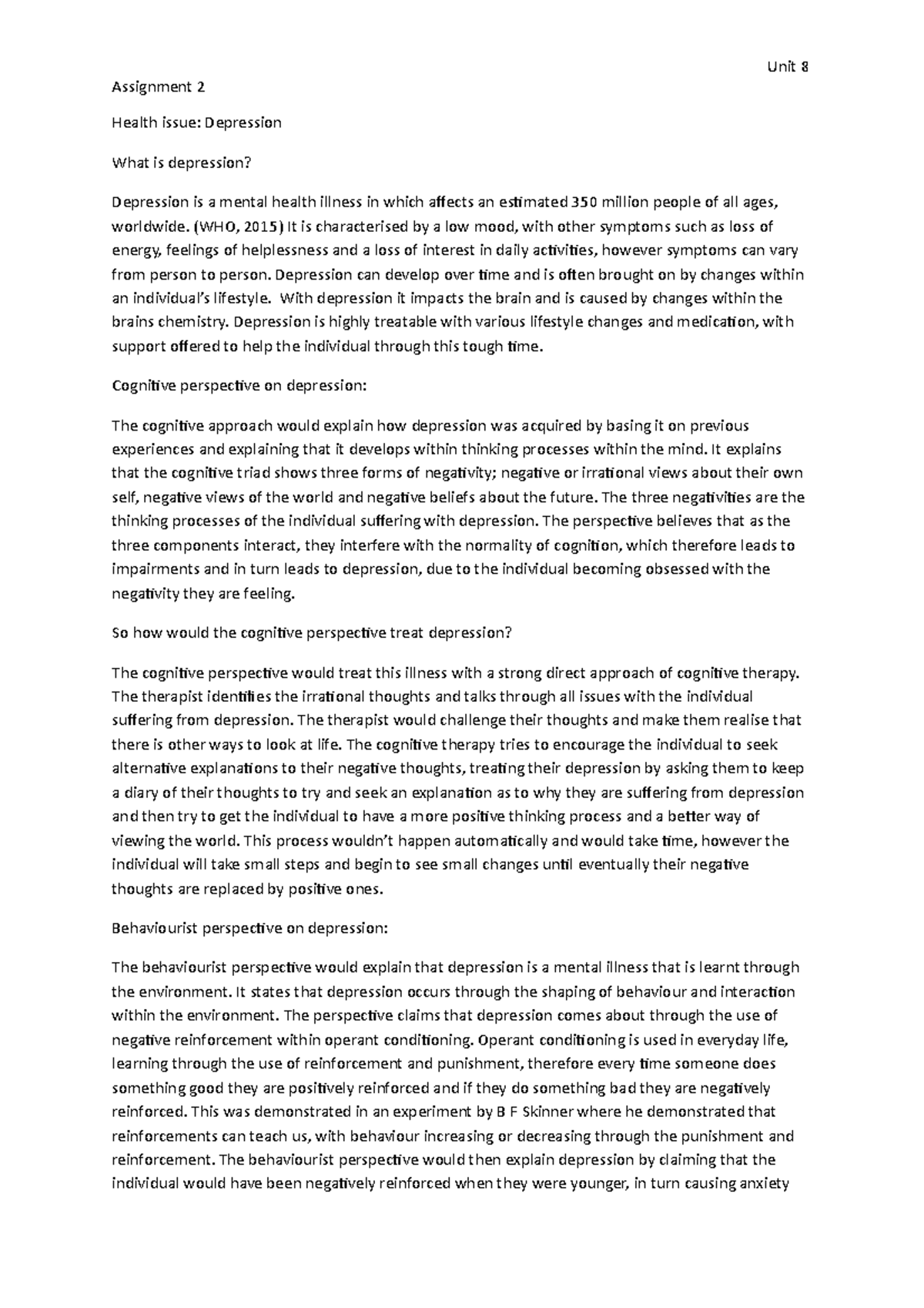 Unit 8 Assignment 2: Exploring Depression & Challenging Behaviour - Studocu