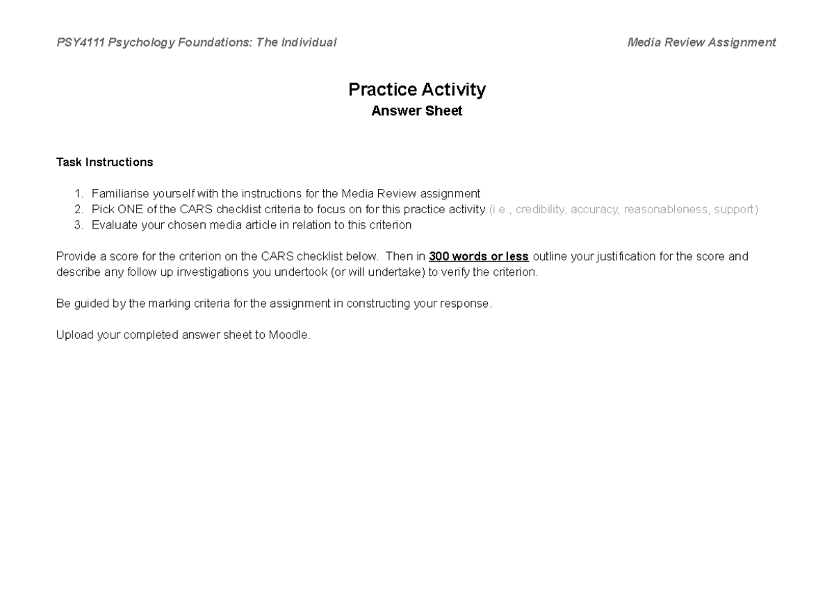 PSY4111 Final Exam Practice Activity - Answer Sheet & CARS Checklist ...