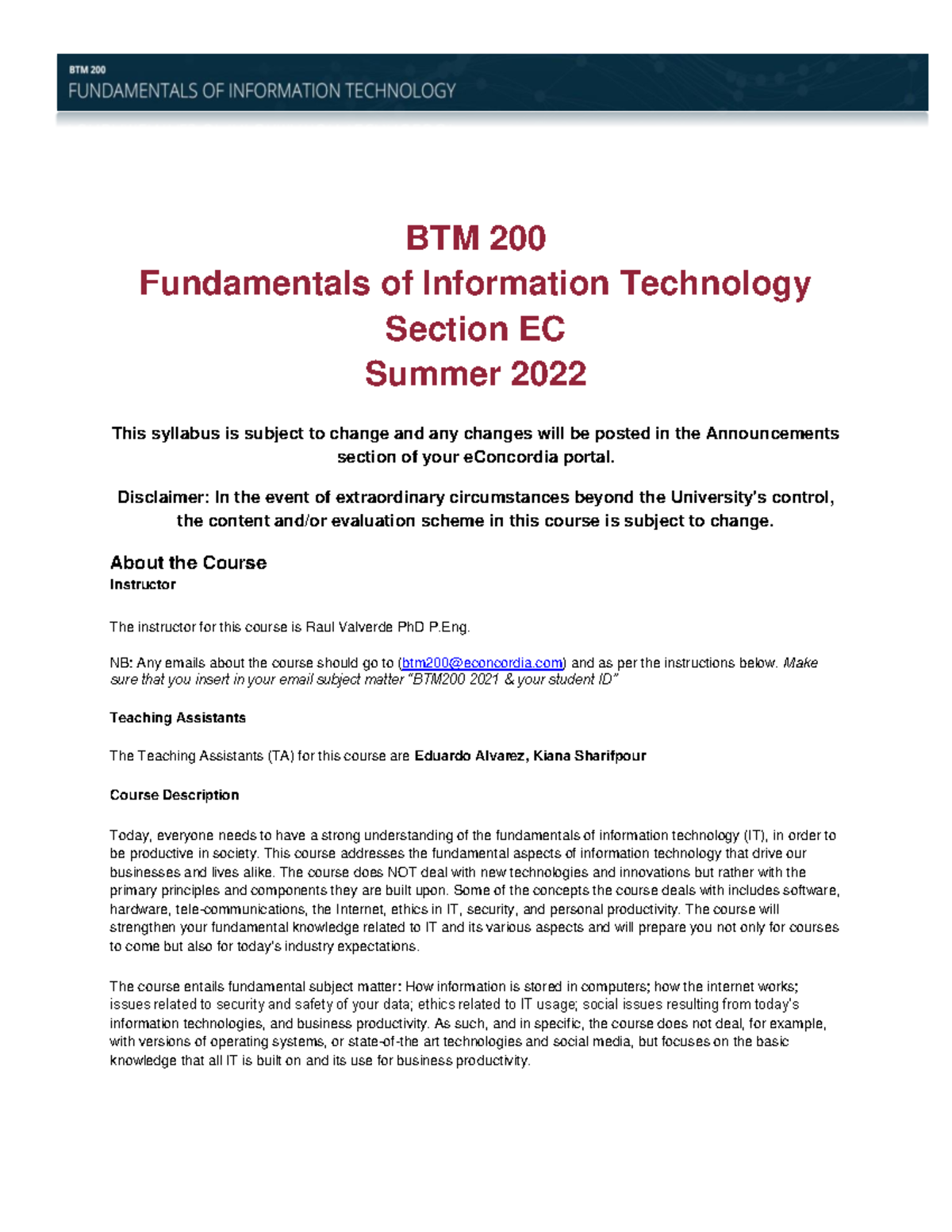 BTM course outline - BTM 200 Fundamentals of Information Technology ...