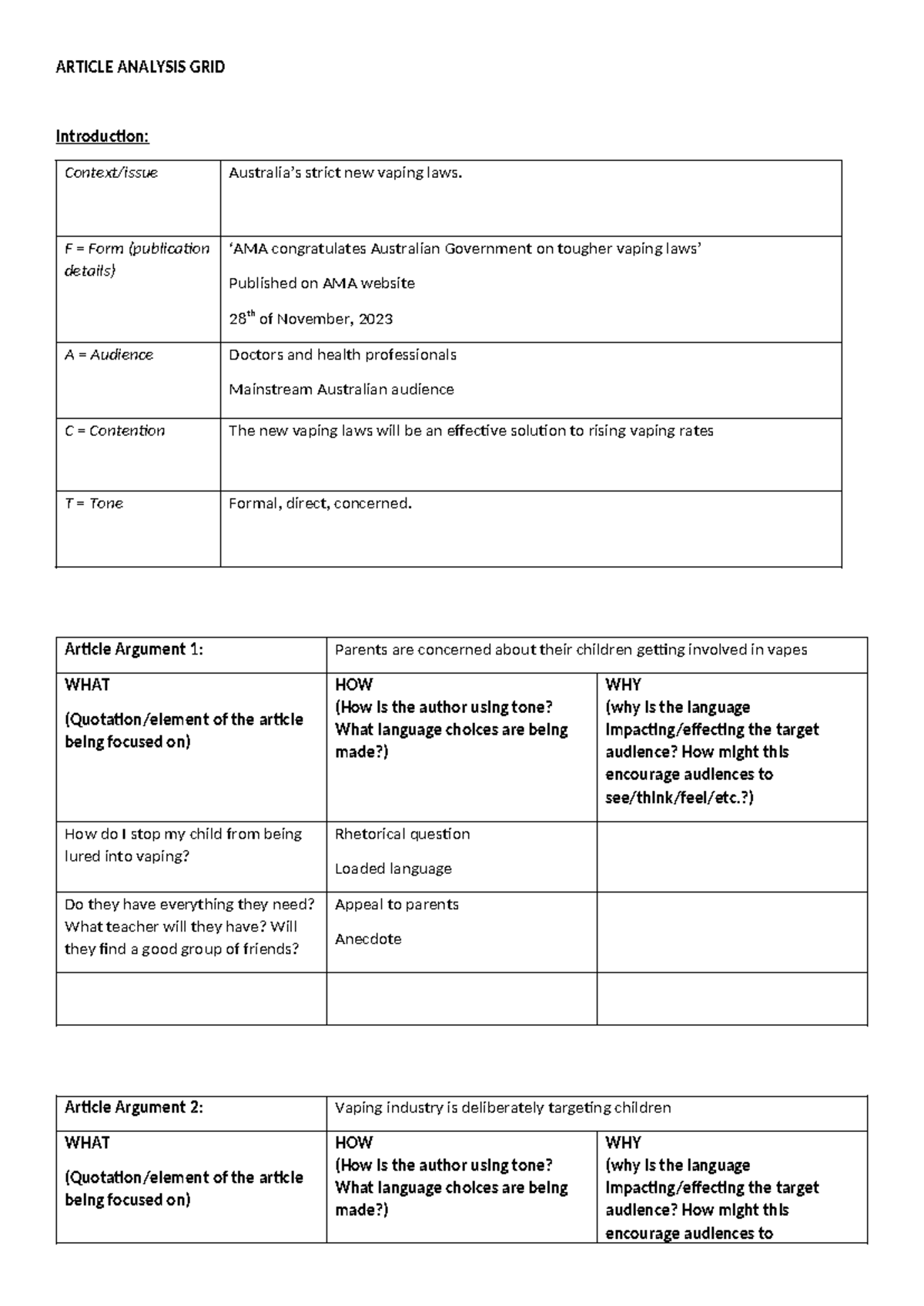 Article #2 analysis grid - ARTICLE ANALYSIS GRID Introduction: Context ...