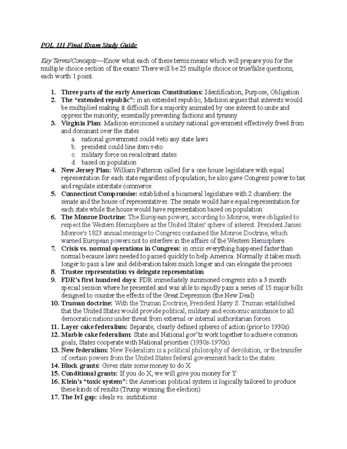 POL 111 Final Exam Study Guide: Essential Terms and Key Concepts - Studocu