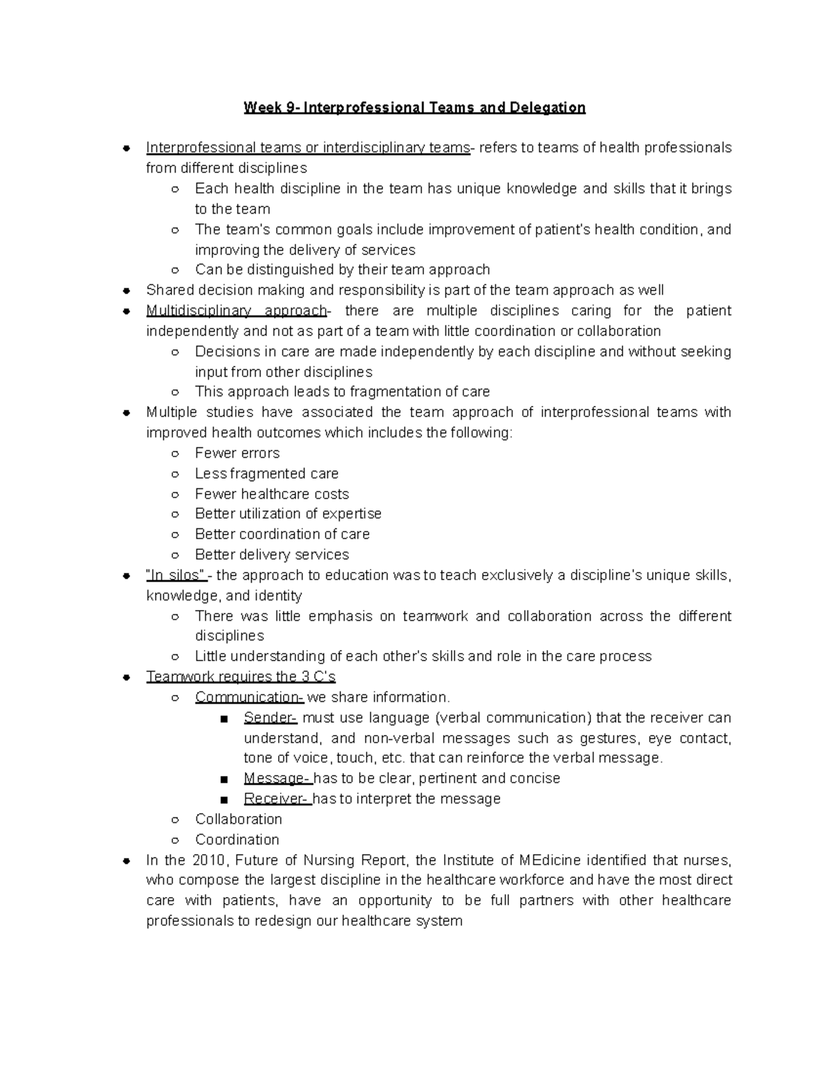 NUR103 Week 9 - Lecture Notes on Interprofessional Teams & Delegation ...