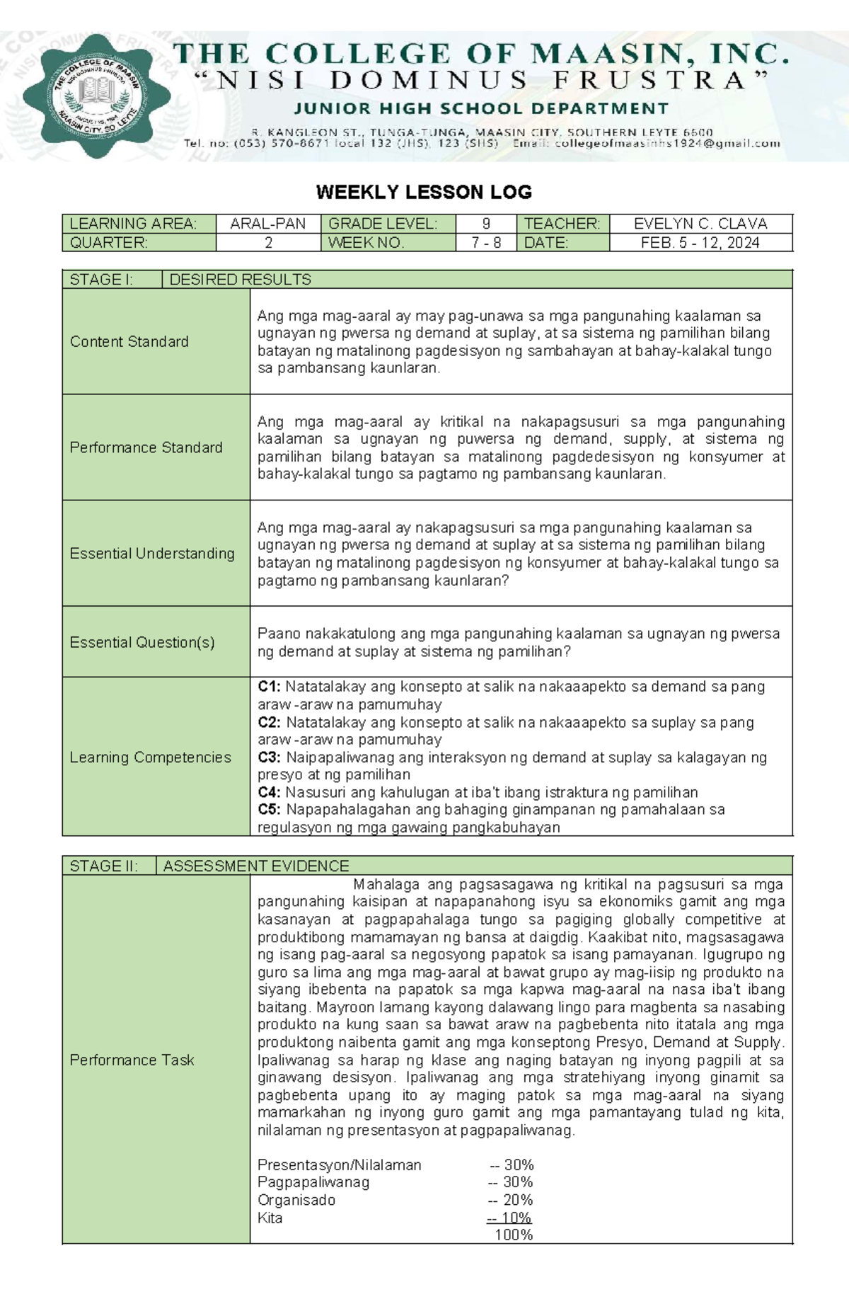 WEEKLY LESSON LOG: ECONOMICS GRADE 2 - WEEK 9 (STAGE I) - Studocu