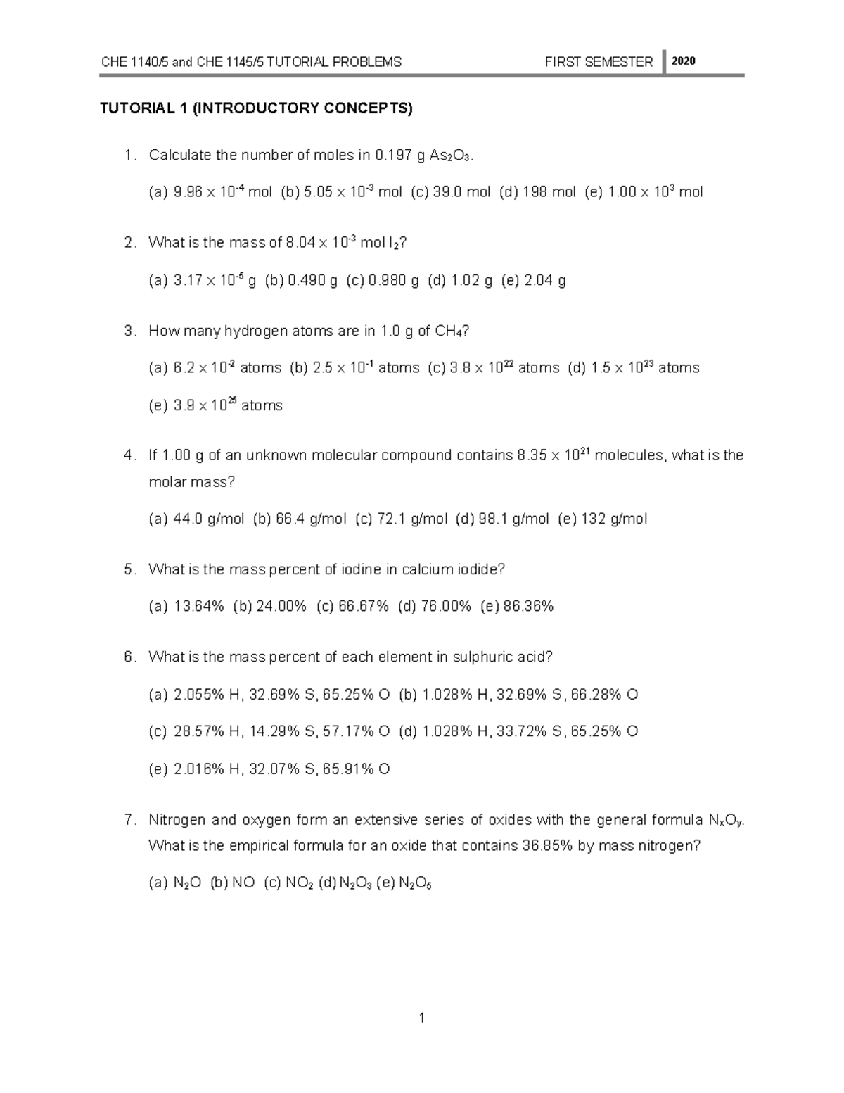 CHE 1140 Tutorial Problems - First Semester 2020 - Studocu