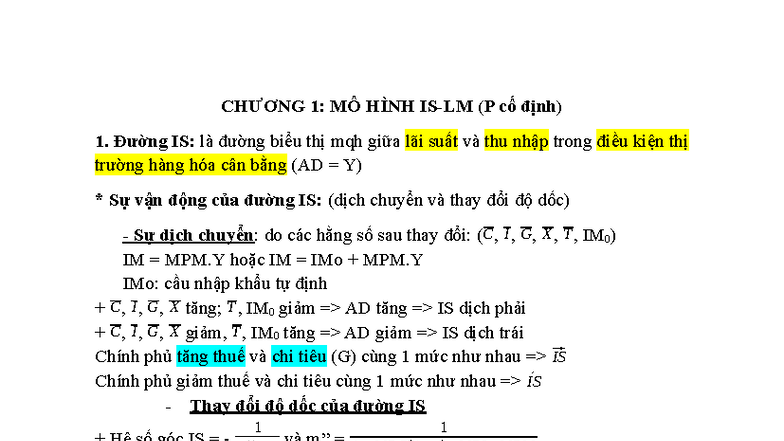 CHƯƠNG 1: MÔ HÌNH IS-LM VÀ CHƯƠNG 2: MÔ HÌNH AD-AS (Kiến thức Vĩ Mô 2 ...