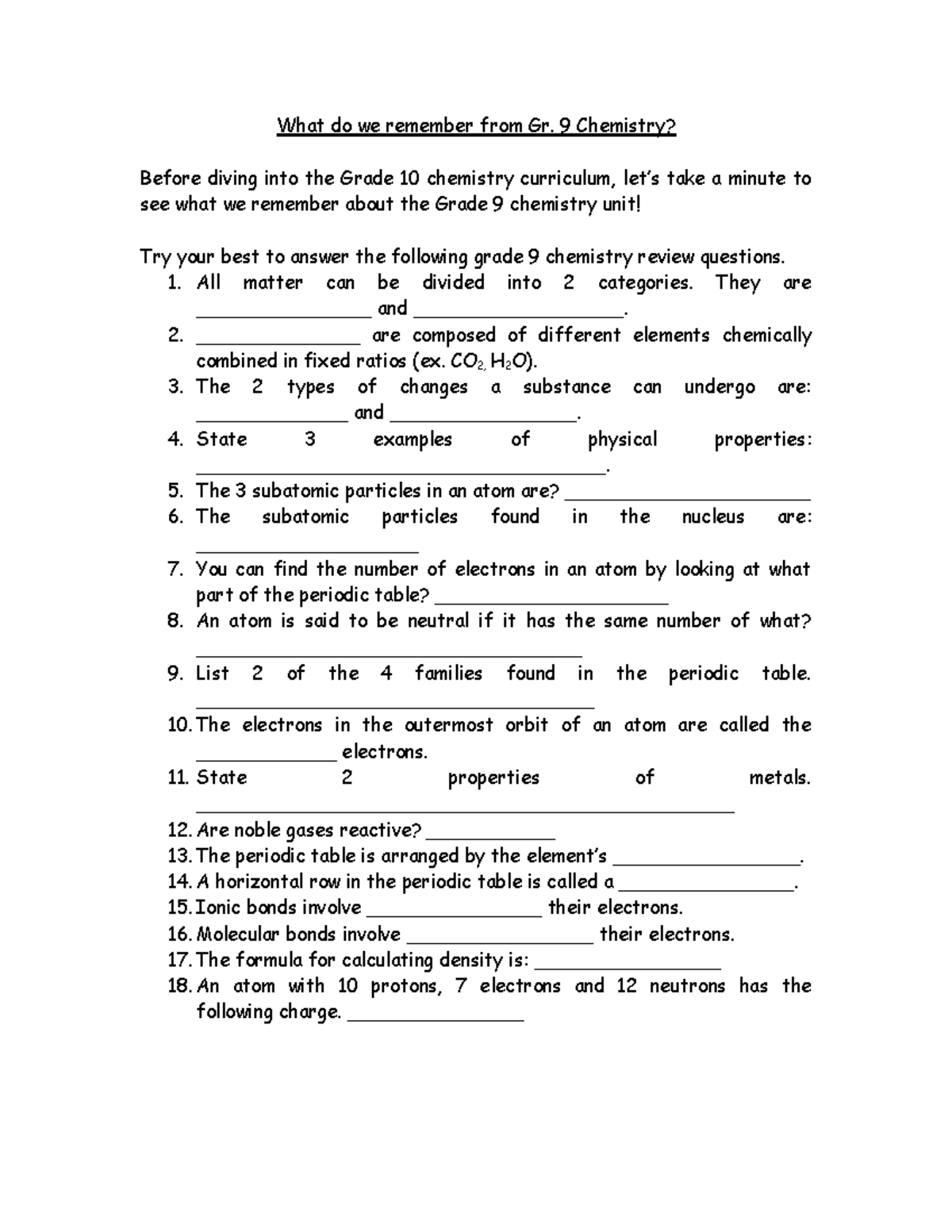 Grade 9 Chemistry Review: Key Concepts and Questions - Studocu