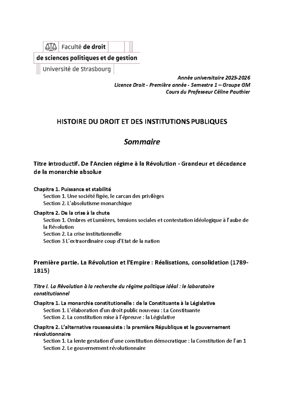 HDI 2025 - Plan du Cours de Droit Public et Institutions - Studocu