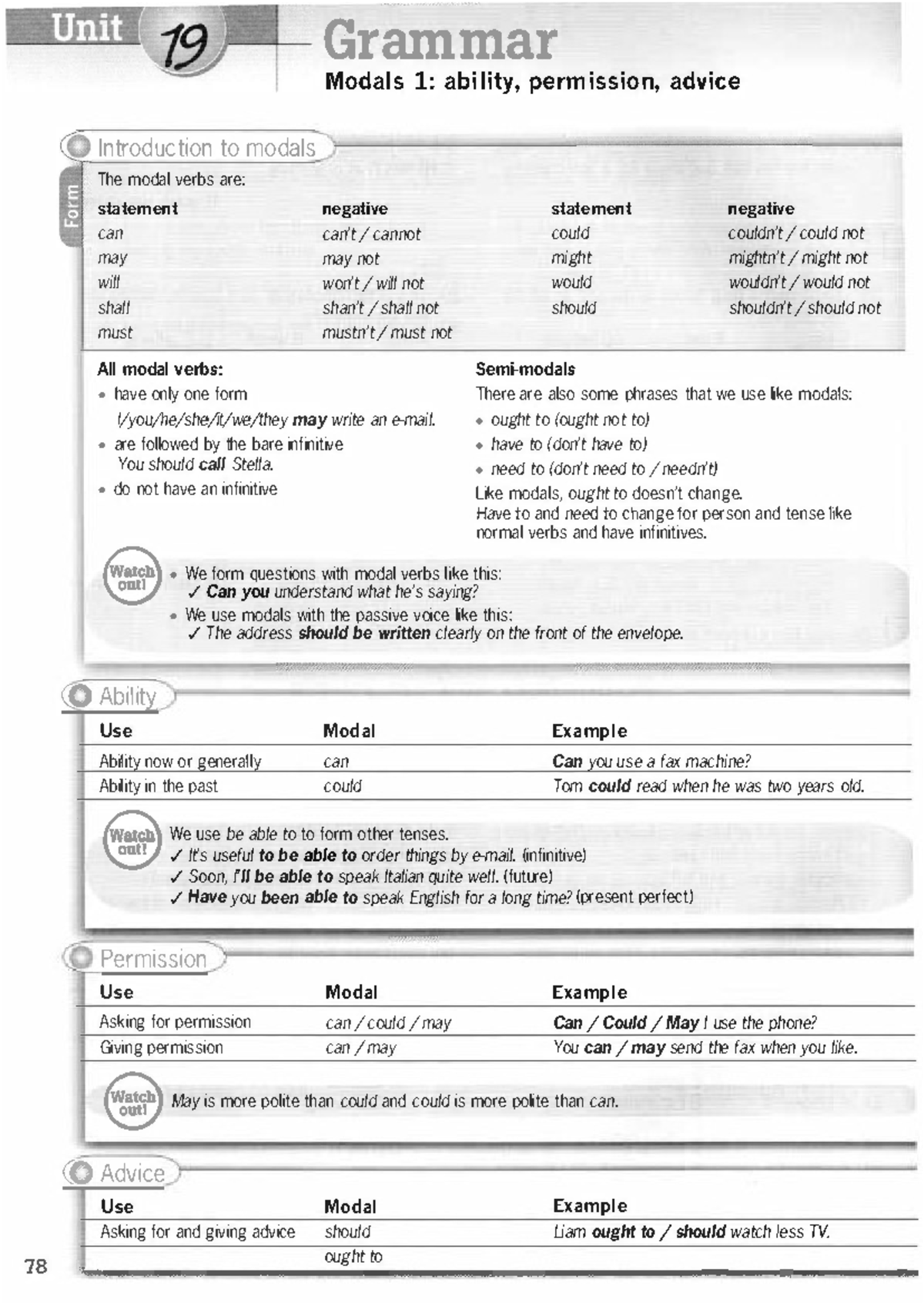 Unit 19 + 20 - fff - ####### Modals 1 : ab i l ity, perm ission, advi e ...