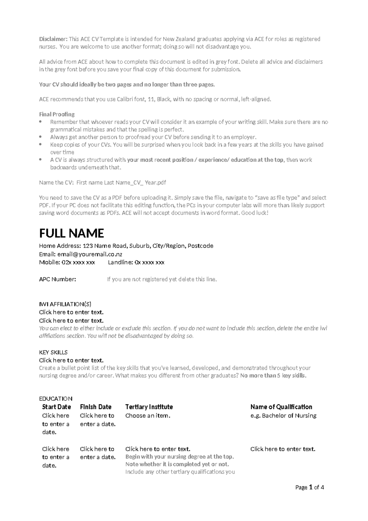 ACE RN CV Template for New Zealand Graduates - Studocu