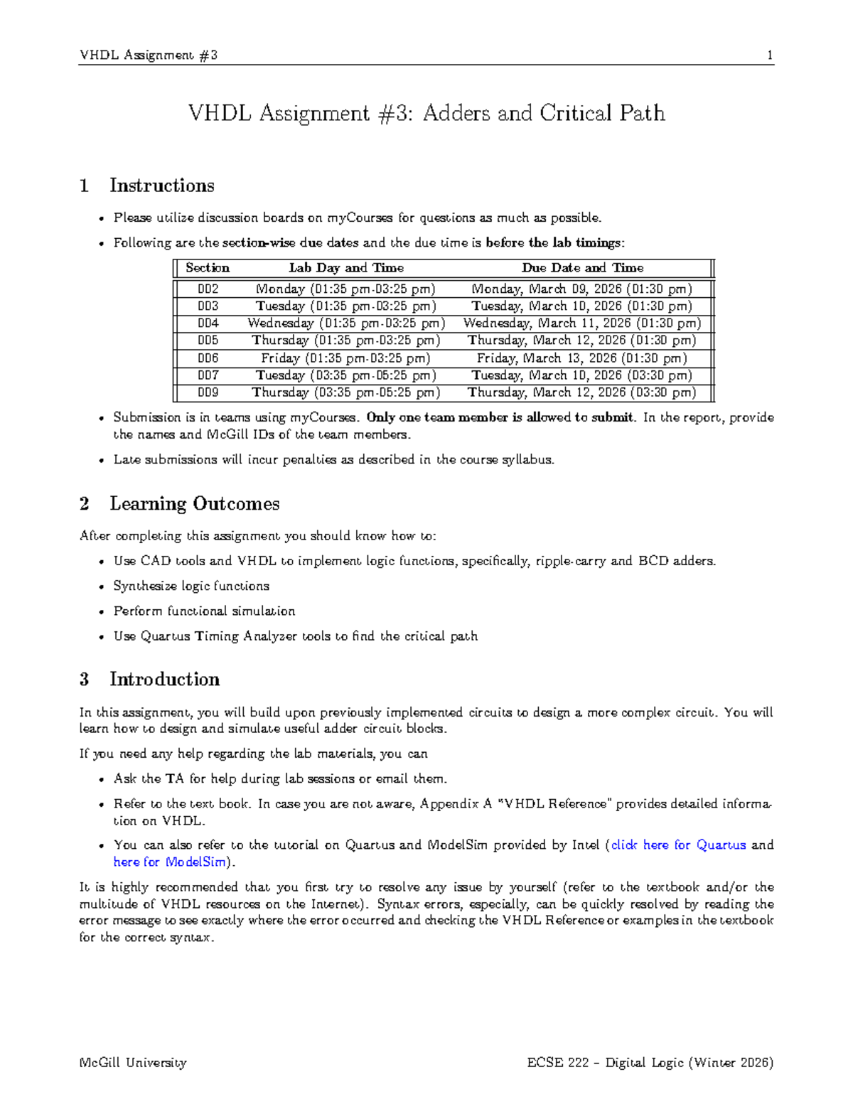 ECSE 222 VHDL Assignment 1: Adders & Critical Path Analysis - Studocu