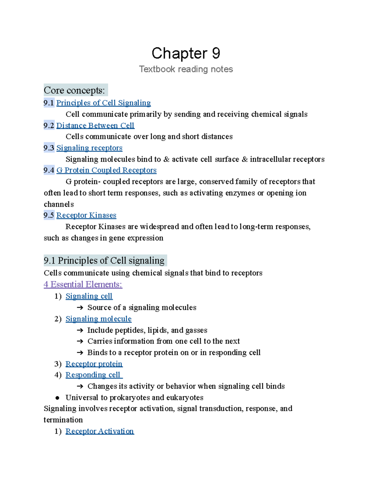 BIO 160 Chapter 9 Textbook Notes on Cell Signaling and Receptors - Studocu