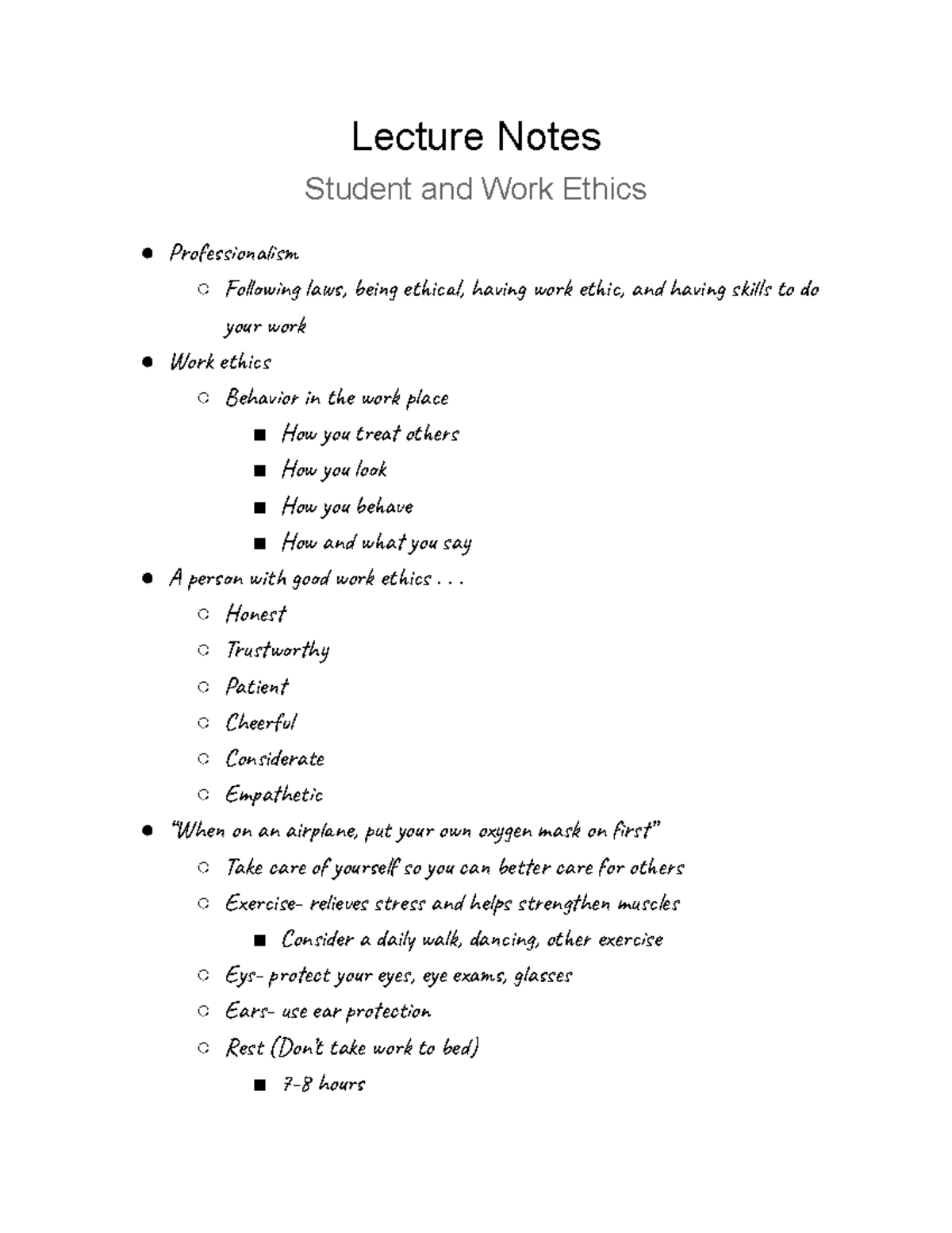 Student and Work Ethics Lecture Notes - Key Concepts and Insights - Studocu