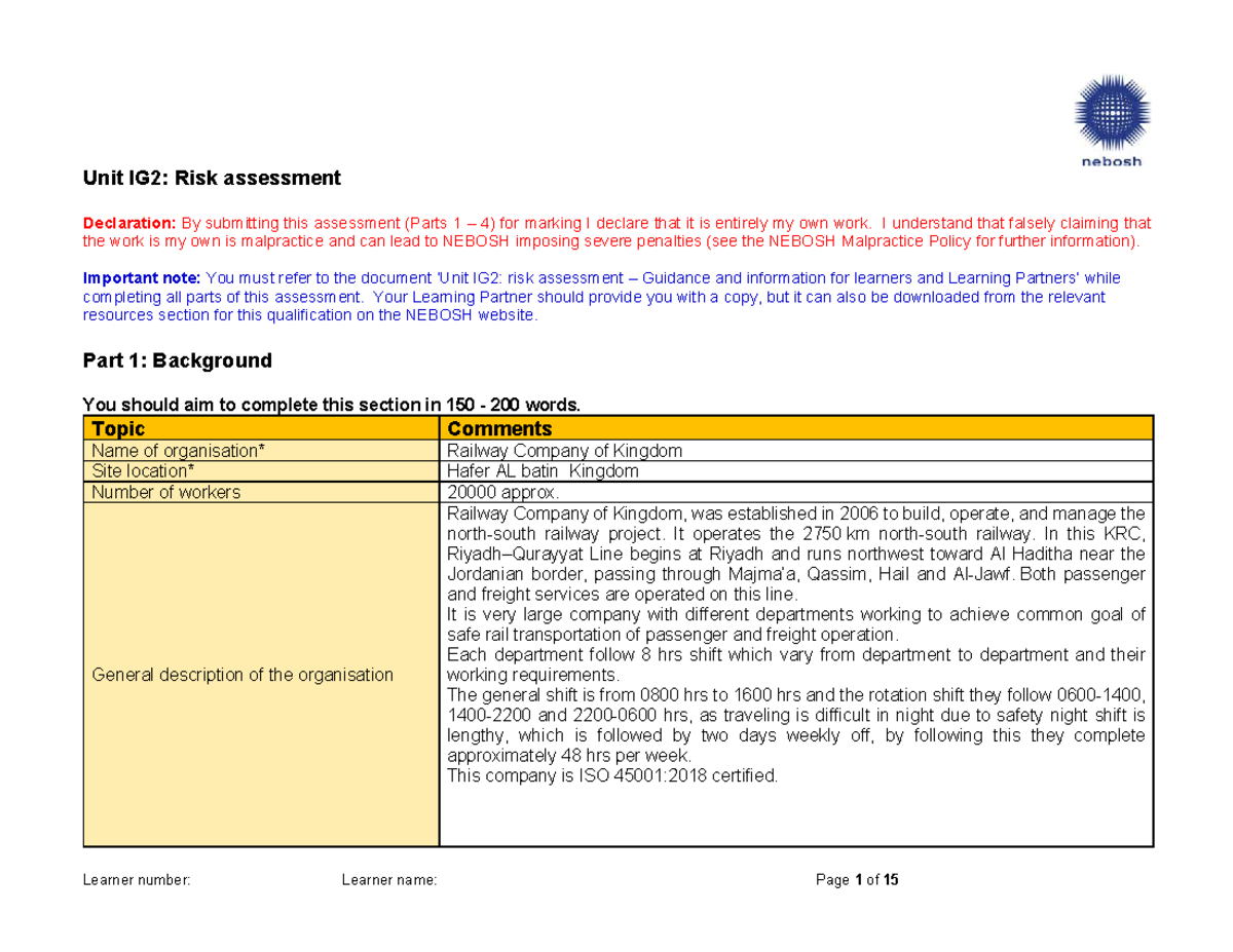 Nebosh Unit IG2: Comprehensive Risk Assessment for Railway Operations ...