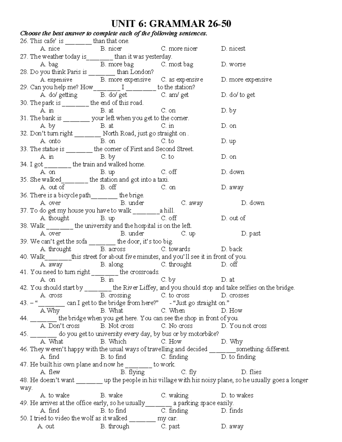 UNIT 6: GRAMMAR Exercises 26-50 for Practice - Studocu
