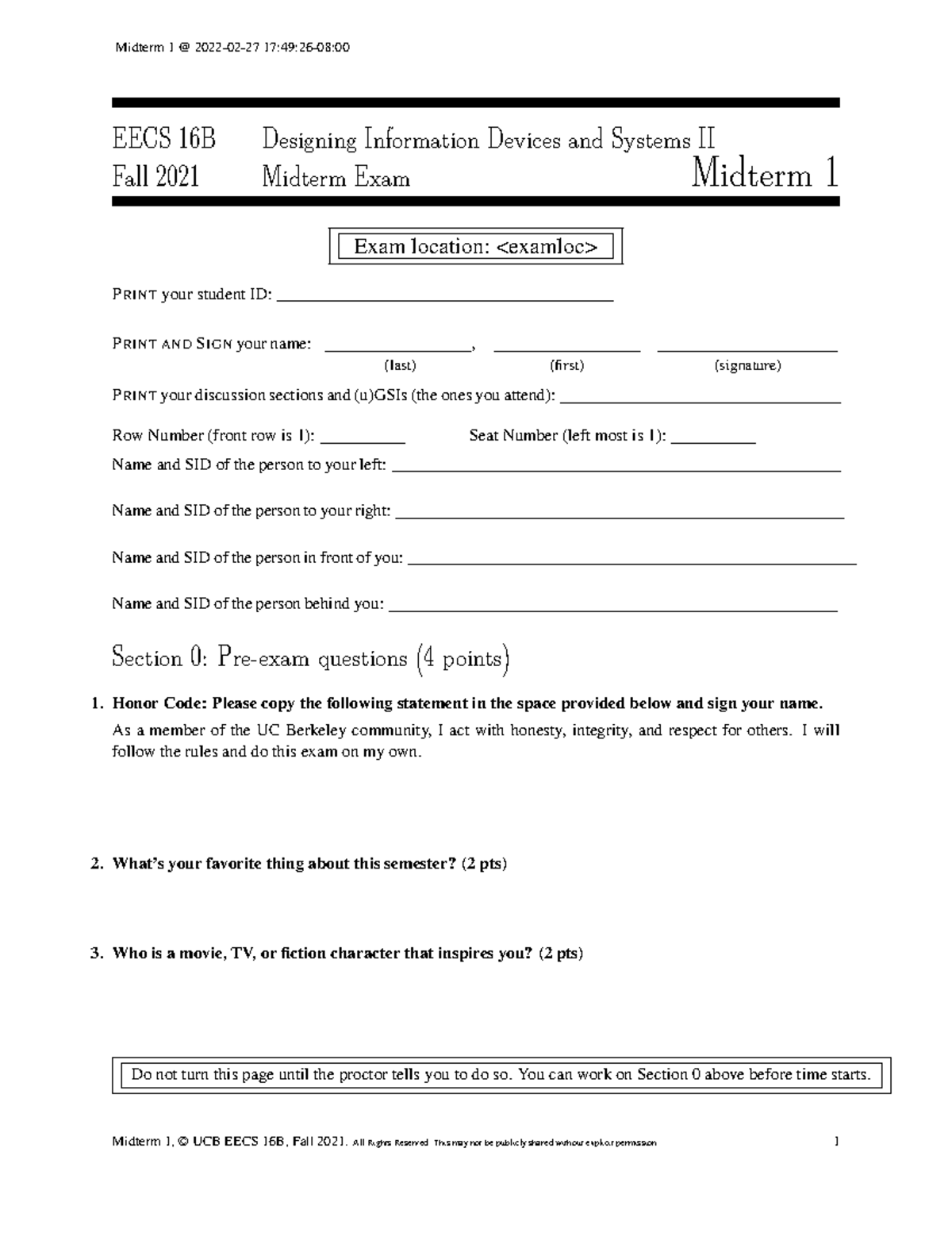 Fall 2021 Midterm 1 Practice Exam for EECS 16B Students - Studocu