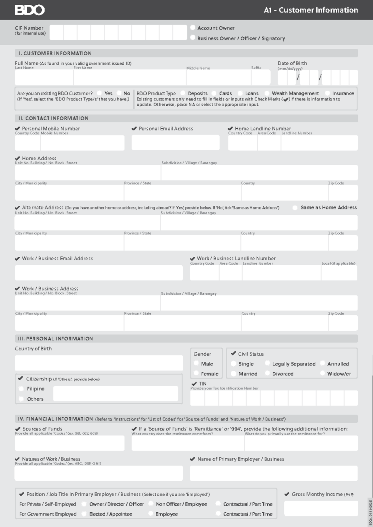 BDO Customer Info Sheet - Comprehensive Financial & Personal Data (BDOL ...