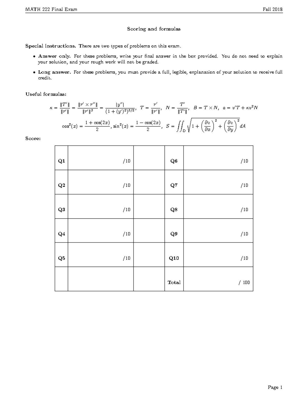 MATH 222 Final Exam Scoring & Formulas - Fall 2018 - Studocu