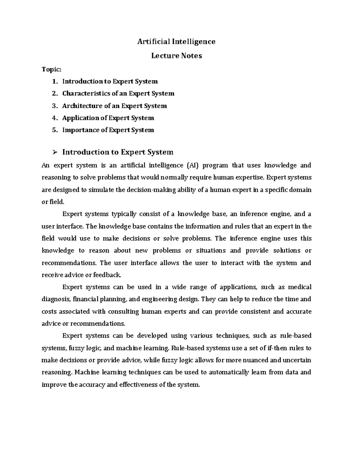 AI 101: Lecture Notes on Expert Systems and Their Importance - Studocu