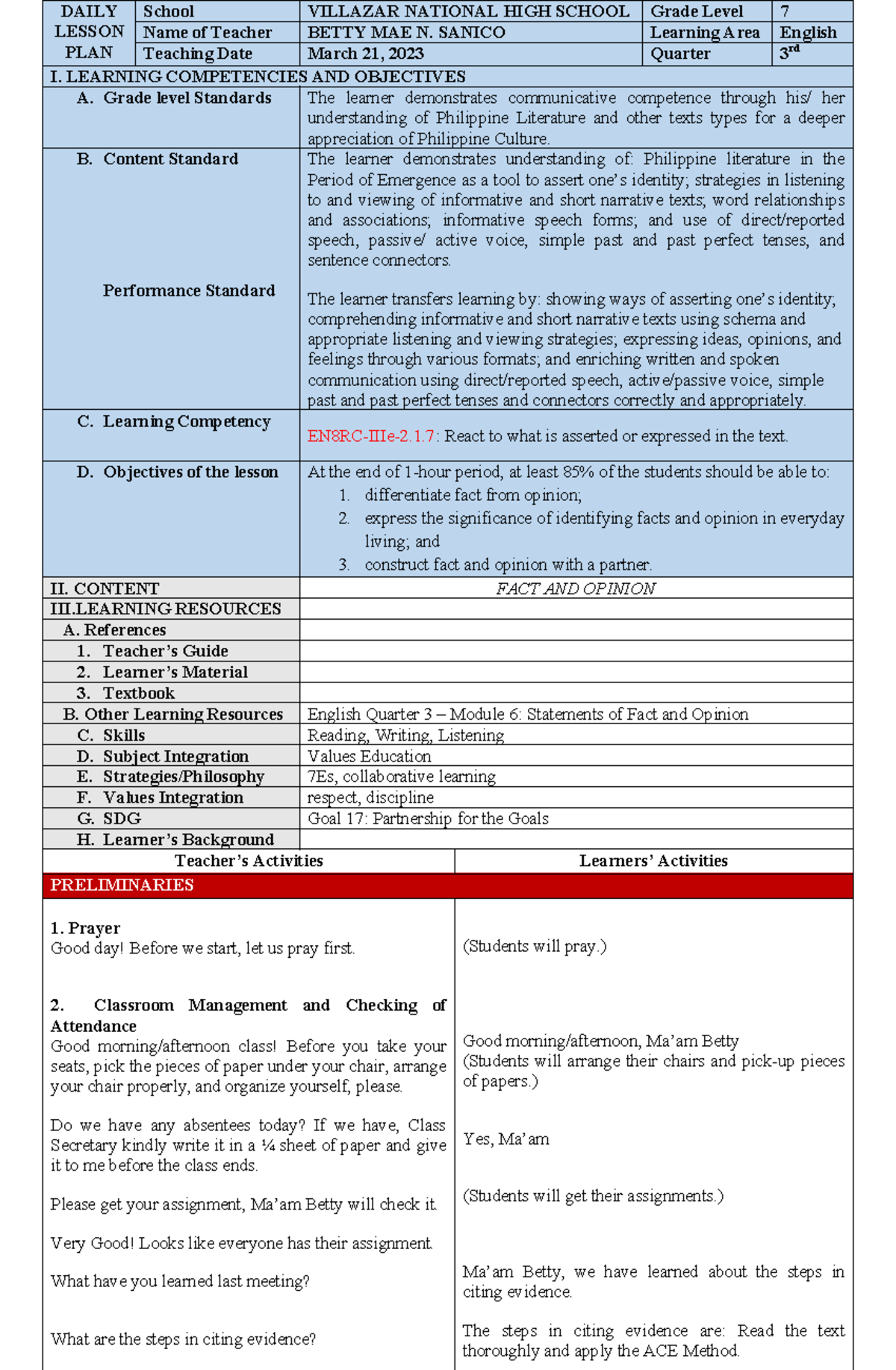 DLP #7 - Lesson Plan on Fact and Opinion for Grade 7 English - Studocu