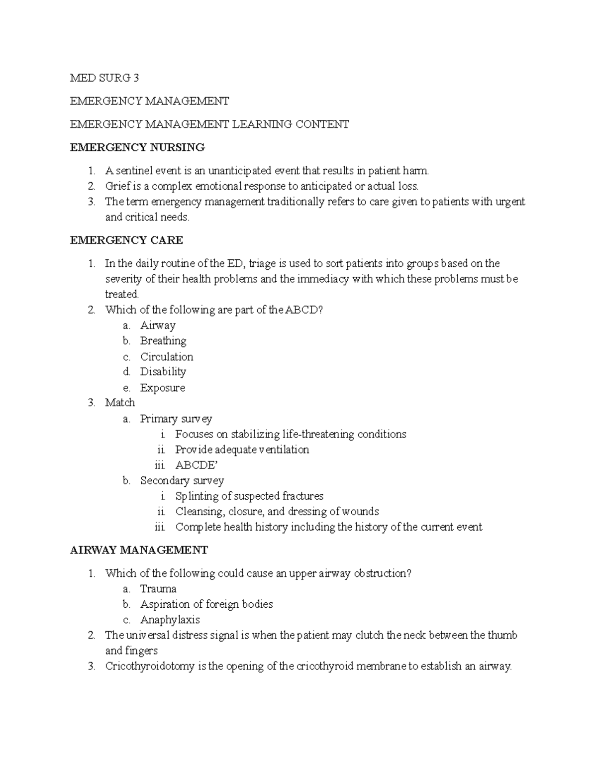 Med Surg 3 Week 1 Emergency Management and Care Notes - Studocu