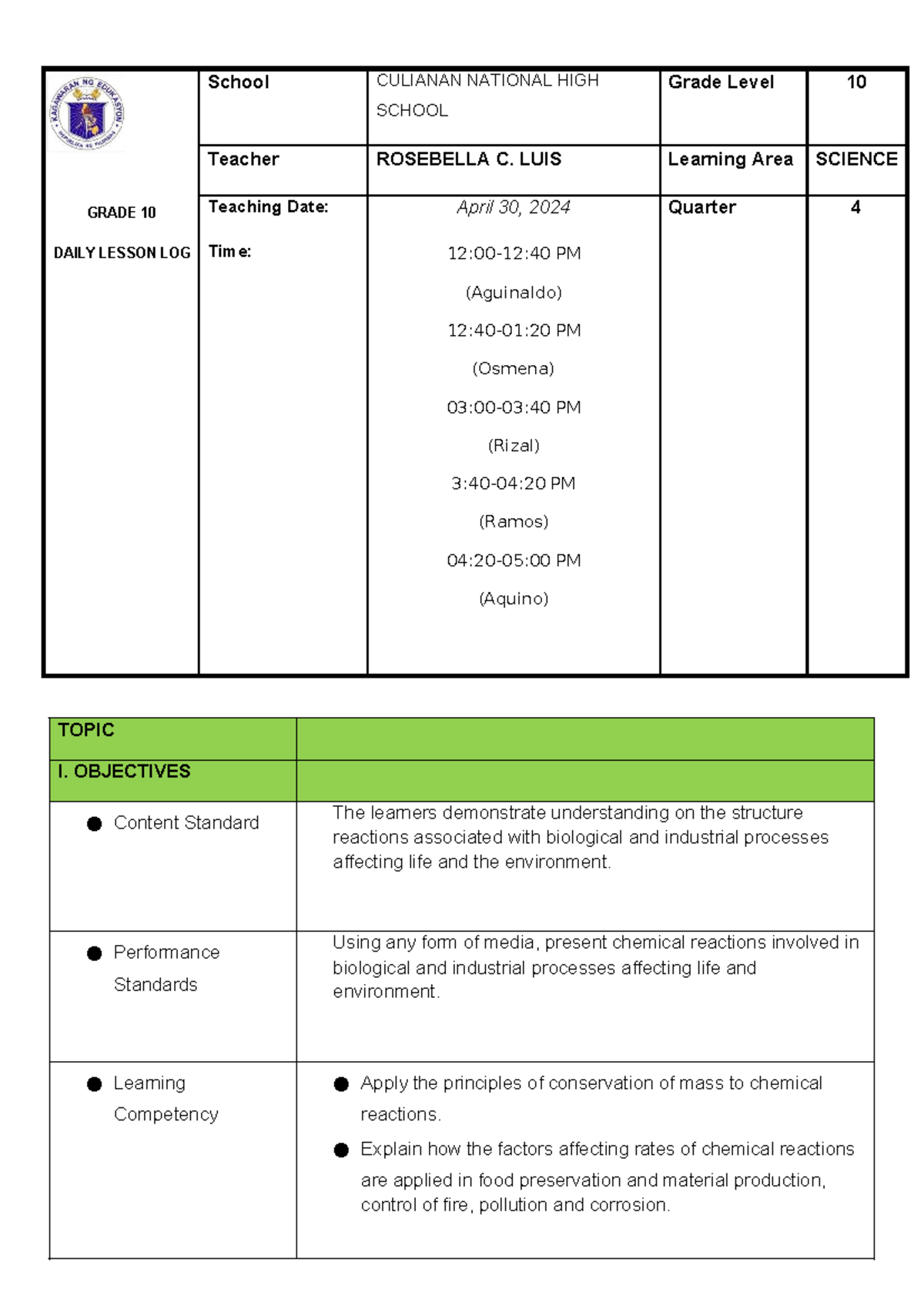 DLL G10 Science Q4: Chemical Reactions Lesson Plan - April 30, 2024 ...