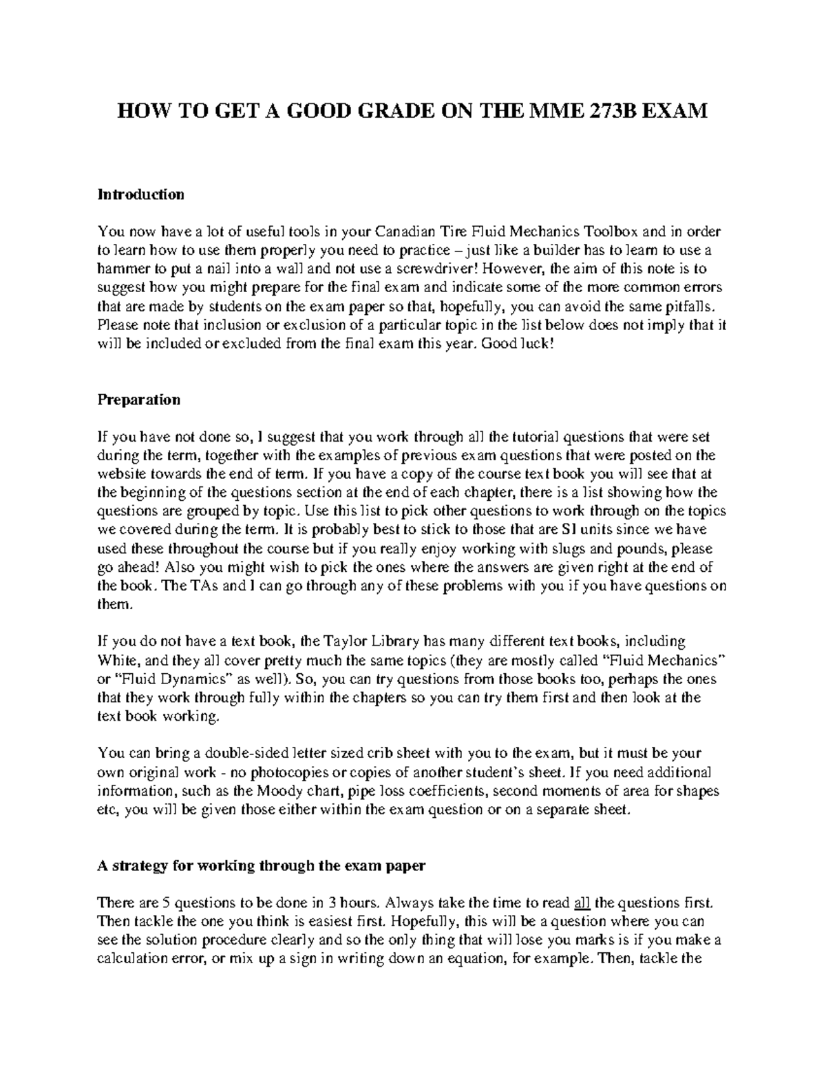 MME 273B Fluid Mechanics Final Exam Preparation Guide - Studocu