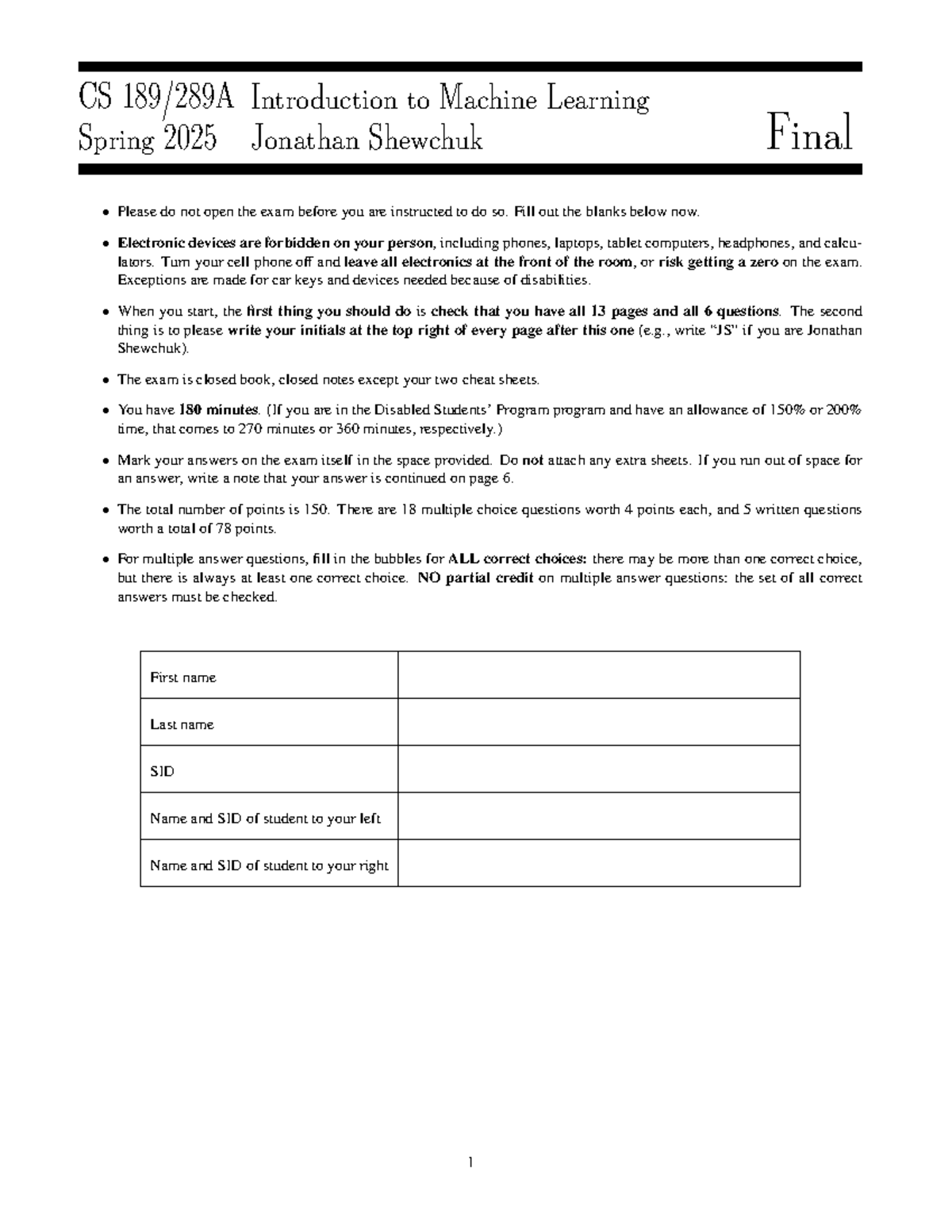CS 25: Introduction to Machine Learning Final Exam Spring 2025 - Studocu